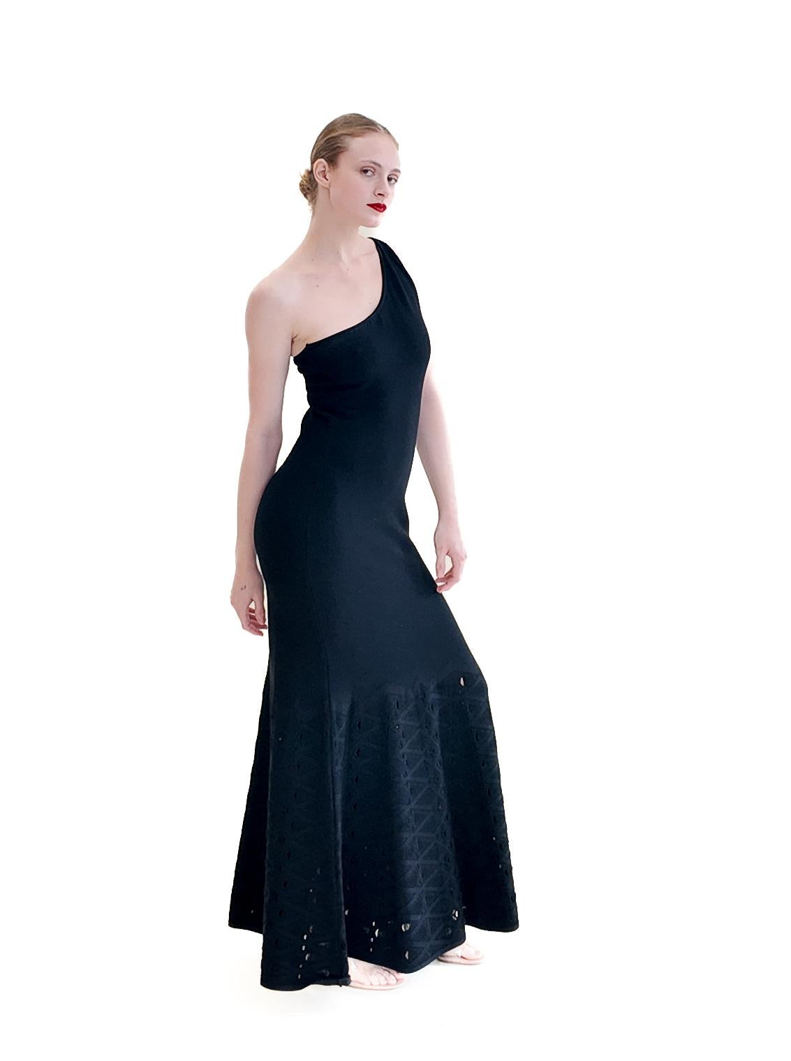 Chanel by Karl Lagerfeld Spring 2012 Black Knit One Shoulder Gown with Knit Cuto In Excellent Condition For Sale In Los Angeles, CA