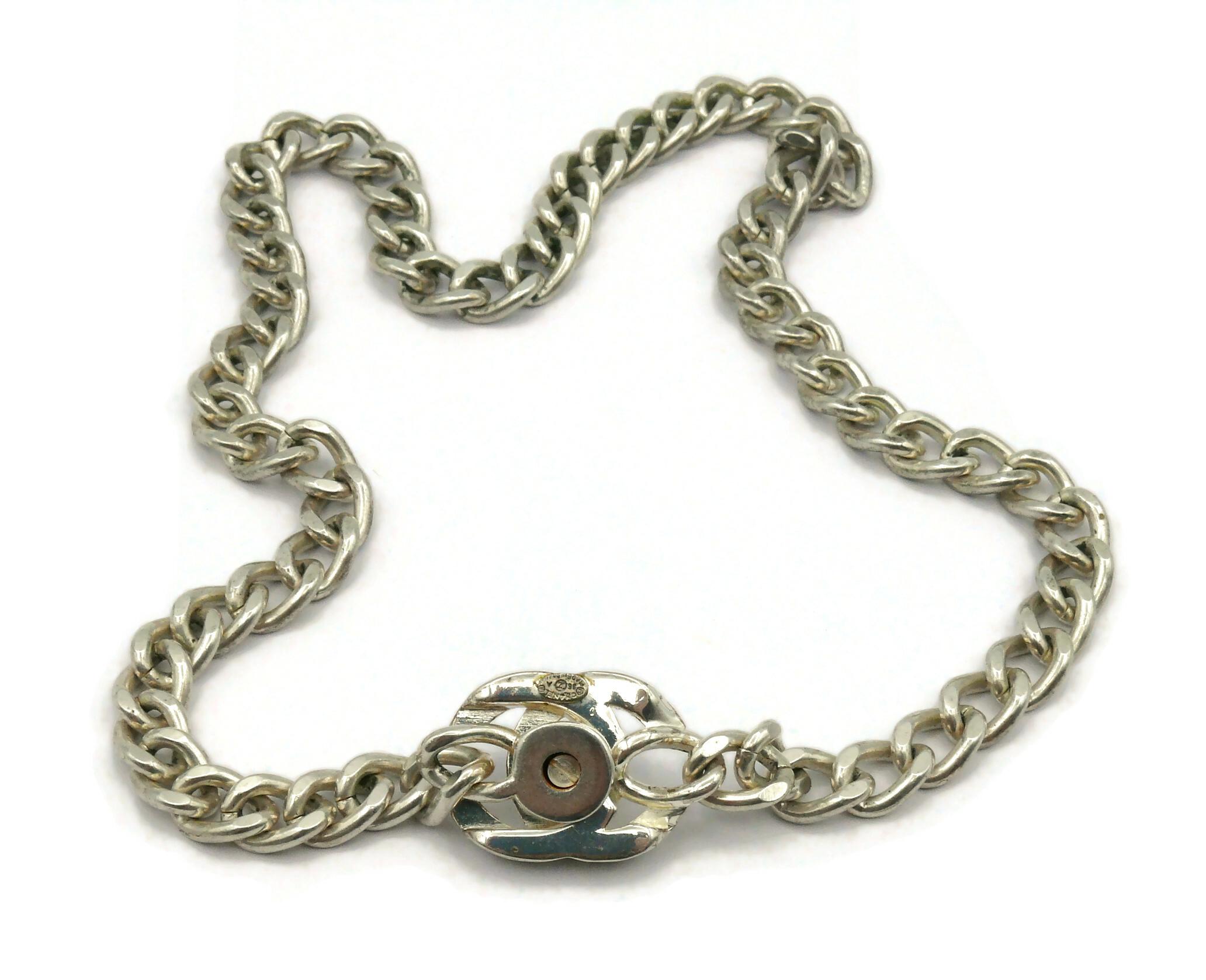 CHANEL by KARL LAGERFELD Vintage 1996 Silver Tone Jewelled Turn-Lock Necklace For Sale 8