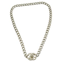 CHANEL by KARL LAGERFELD Vintage 1996 Silver Tone Jewelled Turn-Lock Necklace
