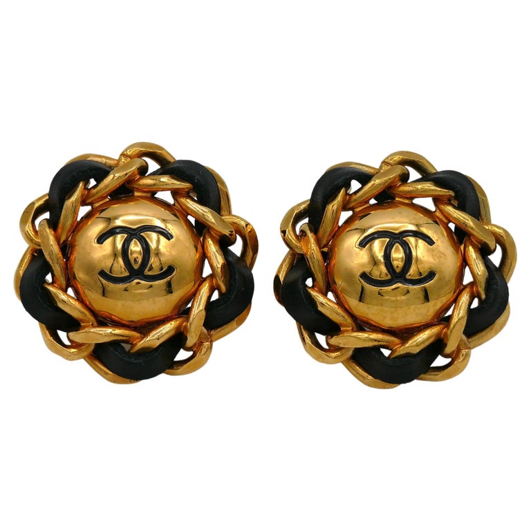 CHANEL by KARL LAGERFELD Vintage Chain Black Leather CC Clip On Earrings,  1994 For Sale at 1stDibs