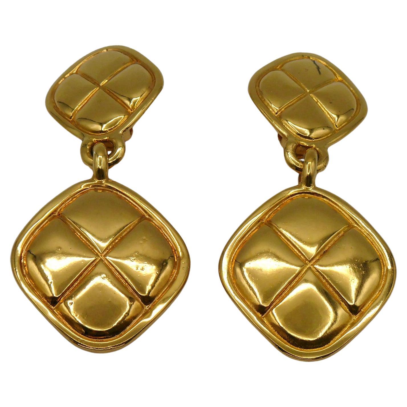 CHANEL by KARL LAGERFELD Vintage Gold Tone Quilted Dangling Earrings For Sale