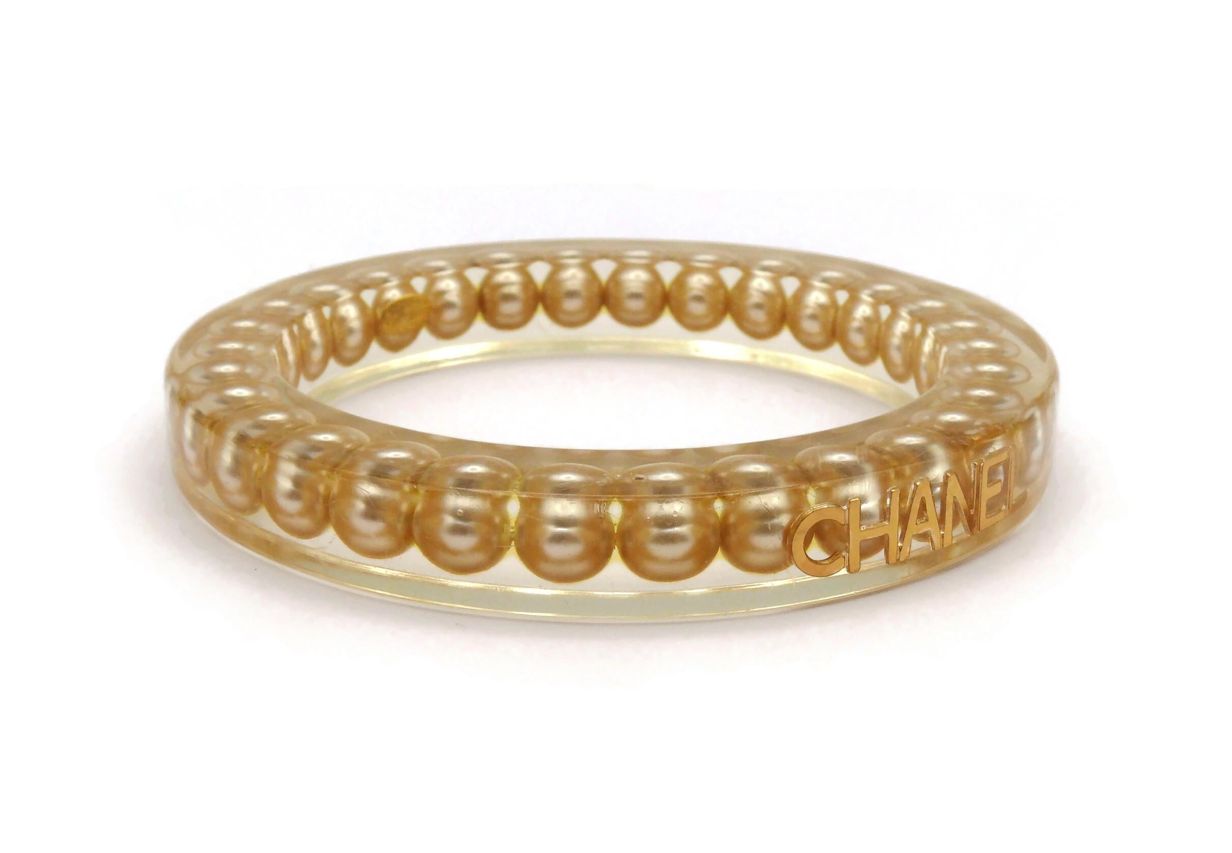 CHANEL by KARL LAGERFELD Vintage Lucite Pearl Inlaid Bangle, Spring 1997 For Sale 5