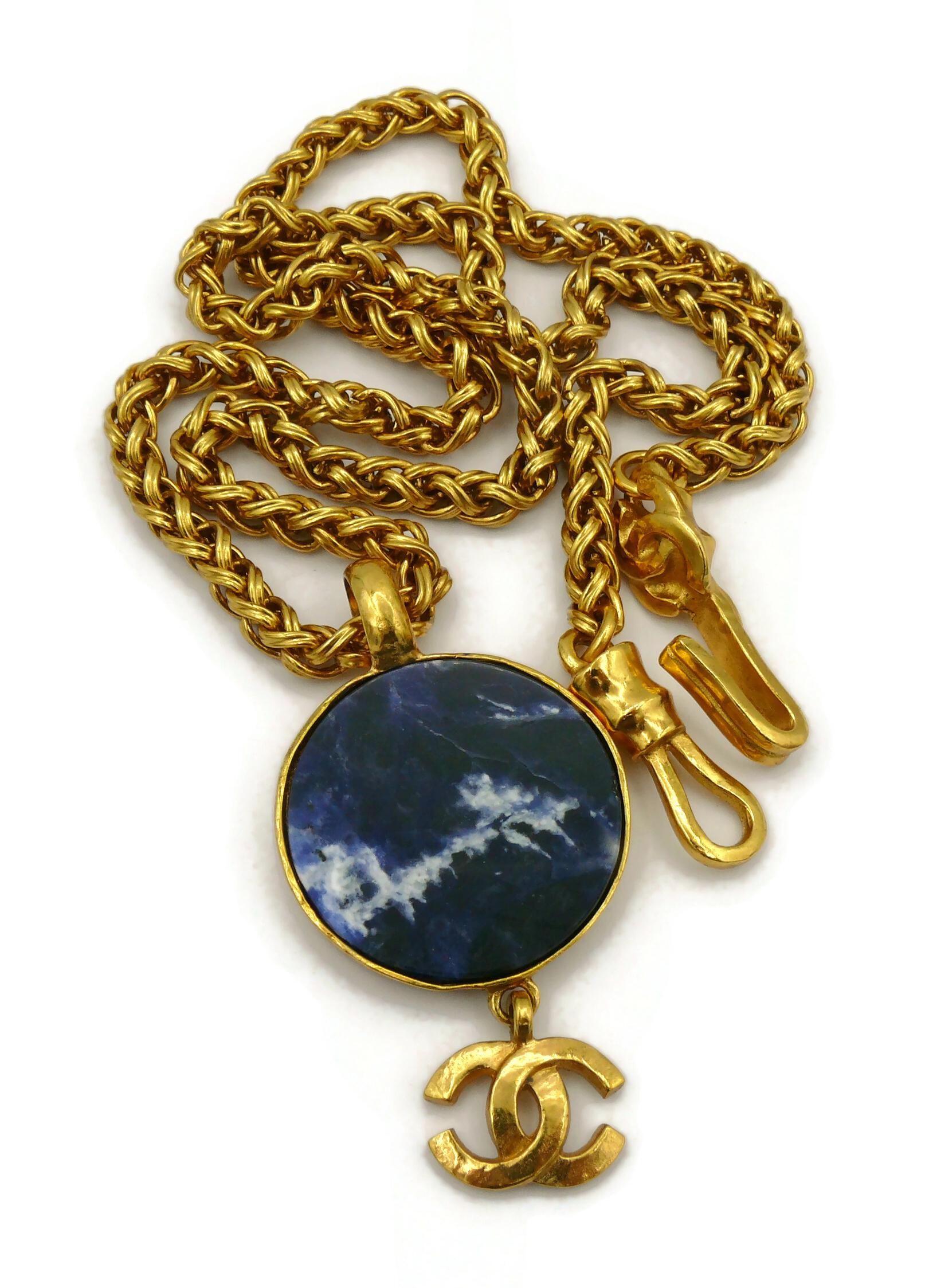 CHANEL by KARL LAGERFELD Vintage Marbled Blue Disc Logo Pendant Necklace, 1995 For Sale 8