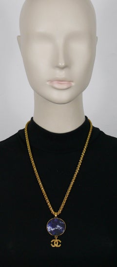 CHANEL by KARL LAGERFELD Vintage Marbled Blue Disc Logo Pendant Necklace, 1995