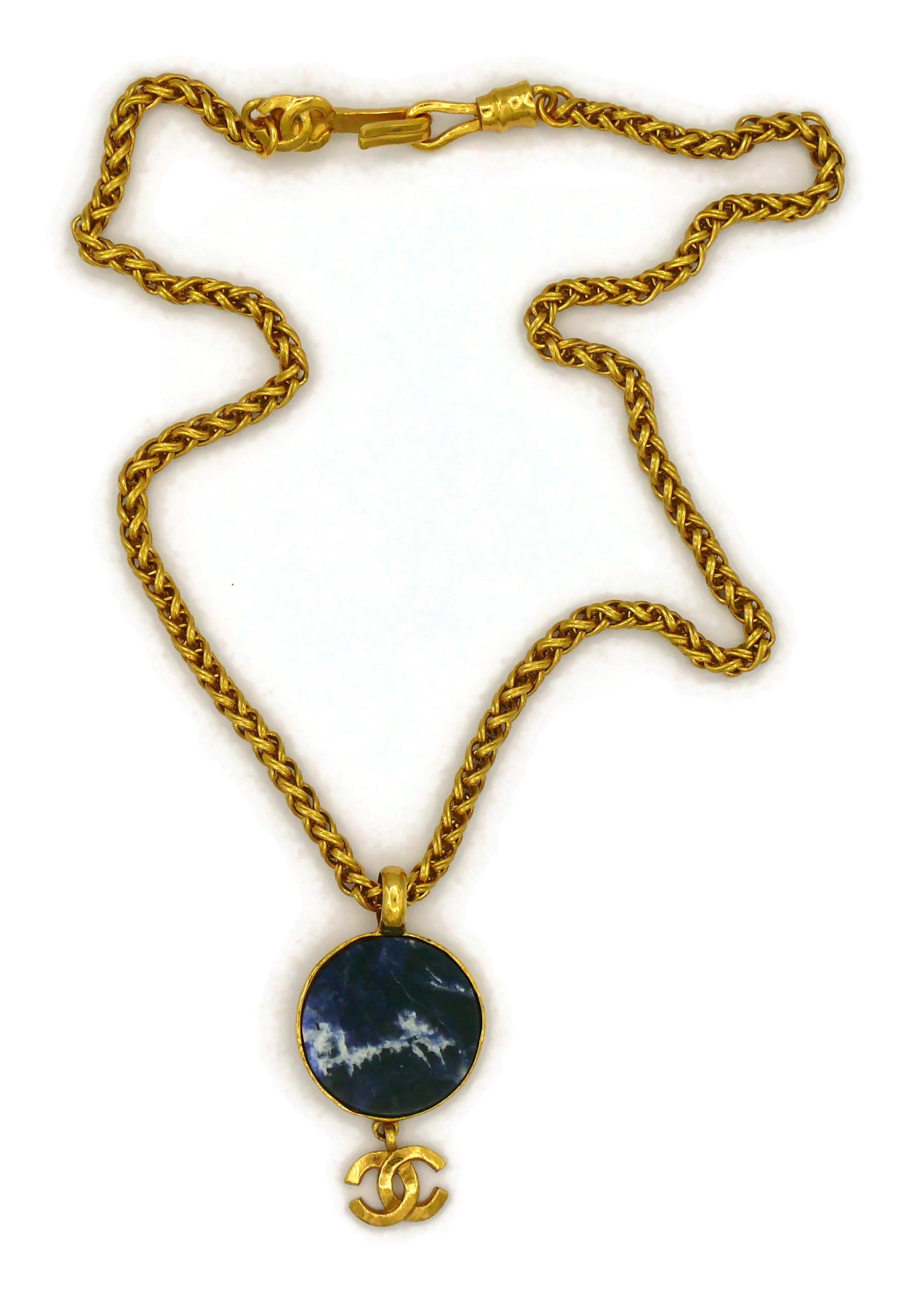 Women's CHANEL by KARL LAGERFELD Vintage Marbled Blue Disc Logo Pendant Necklace, 1995 For Sale