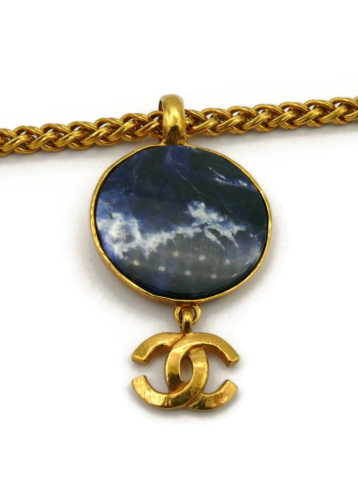 CHANEL by KARL LAGERFELD Vintage Marbled Blue Disc Logo Pendant Necklace, 1995 For Sale 5