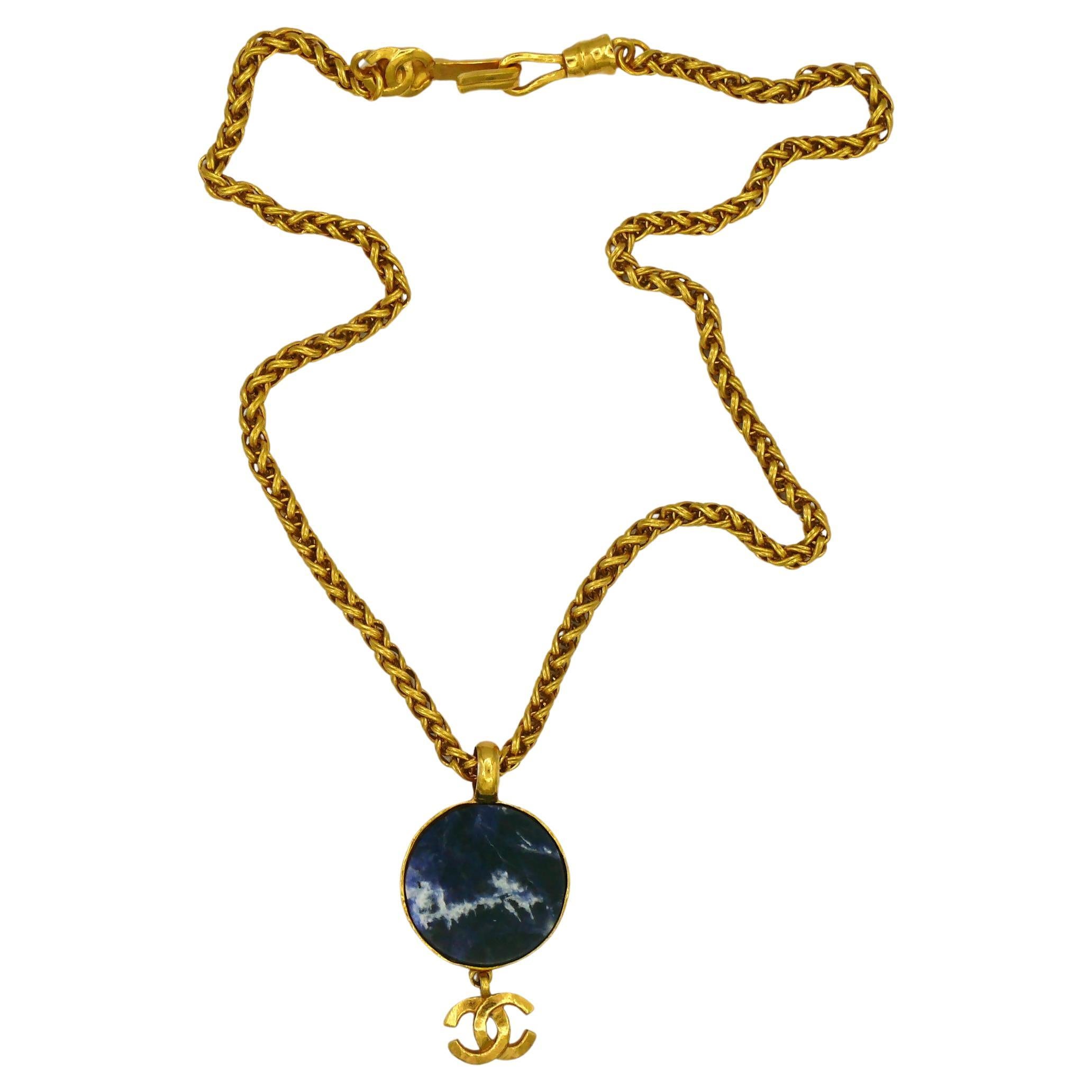 CHANEL by KARL LAGERFELD Vintage Marbled Blue Disc Logo Pendant Necklace, 1995 For Sale