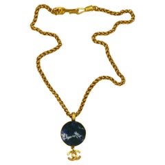 CHANEL by KARL LAGERFELD Vintage Marbled Blue Disc Logo Pendant Necklace, 1995
