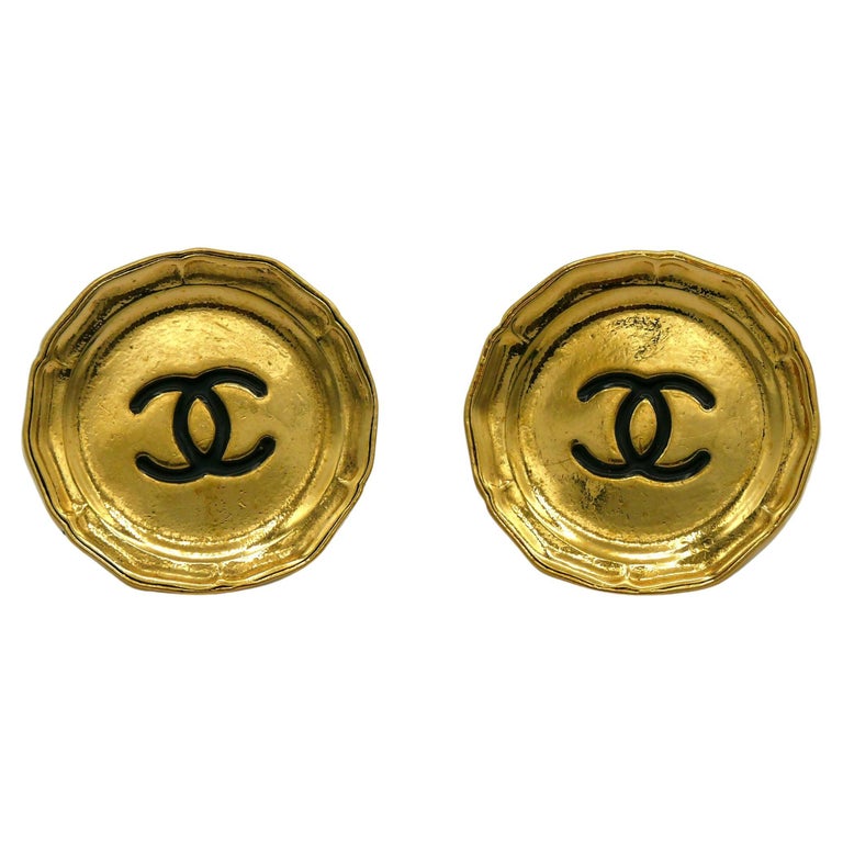 CHANEL by KARL LAGERFELD Vintage Massive Dish Plate CC Clip On Earrings ...