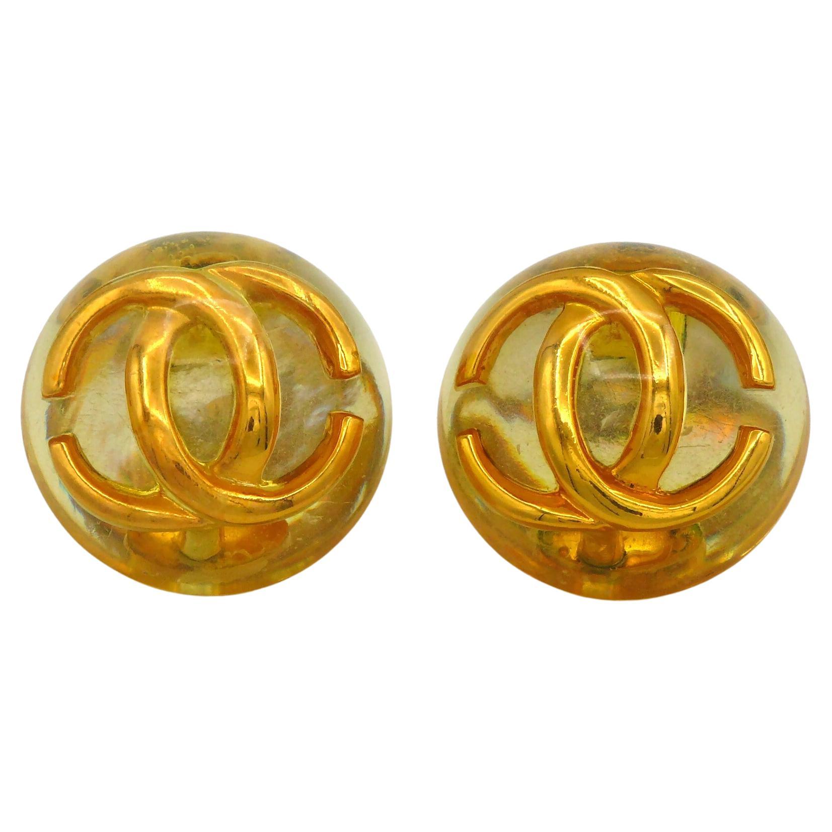 CHANEL by KARL LAGERFELD Vintage Massive Domed Resin CC Clip On Earrings, 1990 For Sale