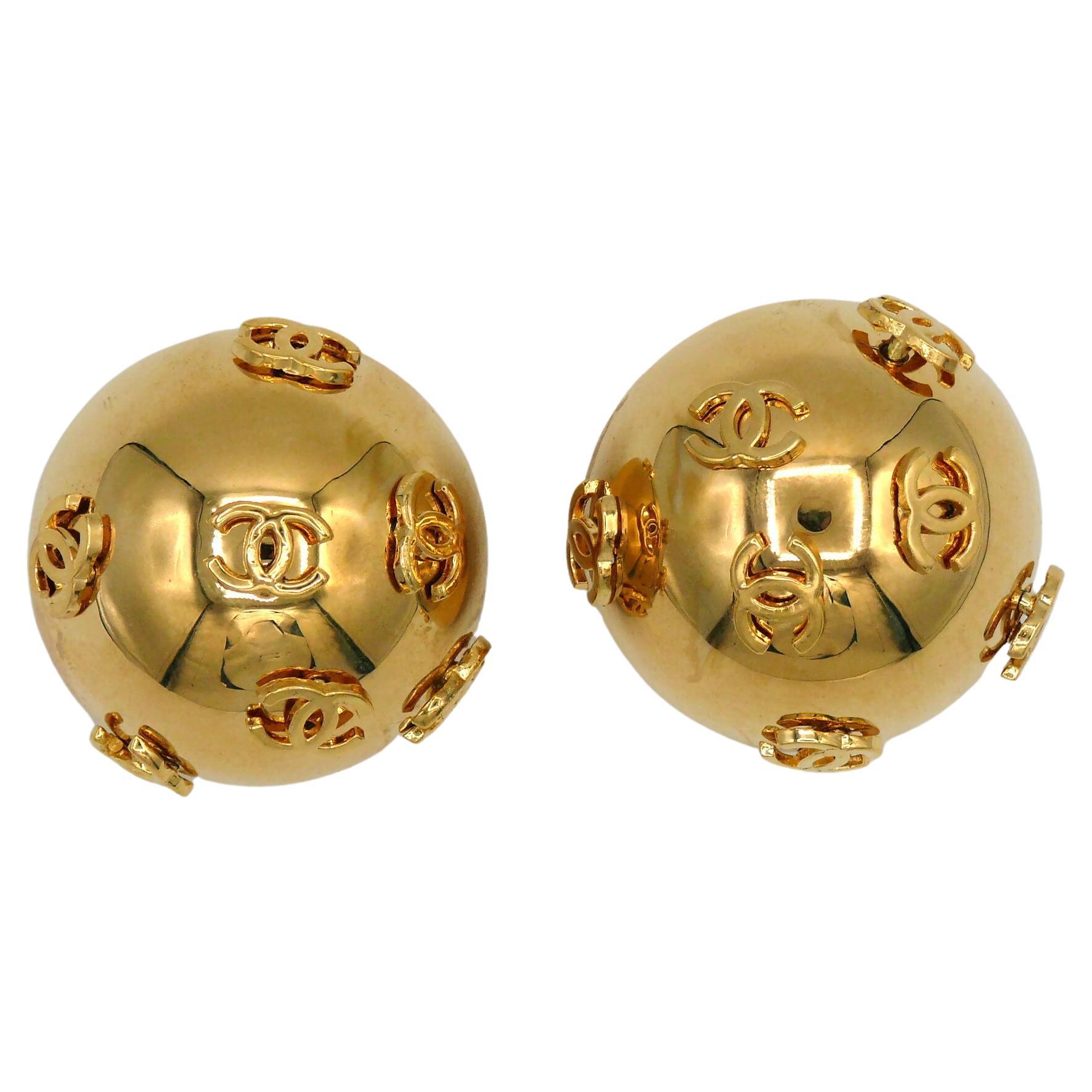 CHANEL by KARL LAGERFELD Vintage Oversized Dome CC Logos Clip-On Earrings, 1992 For Sale