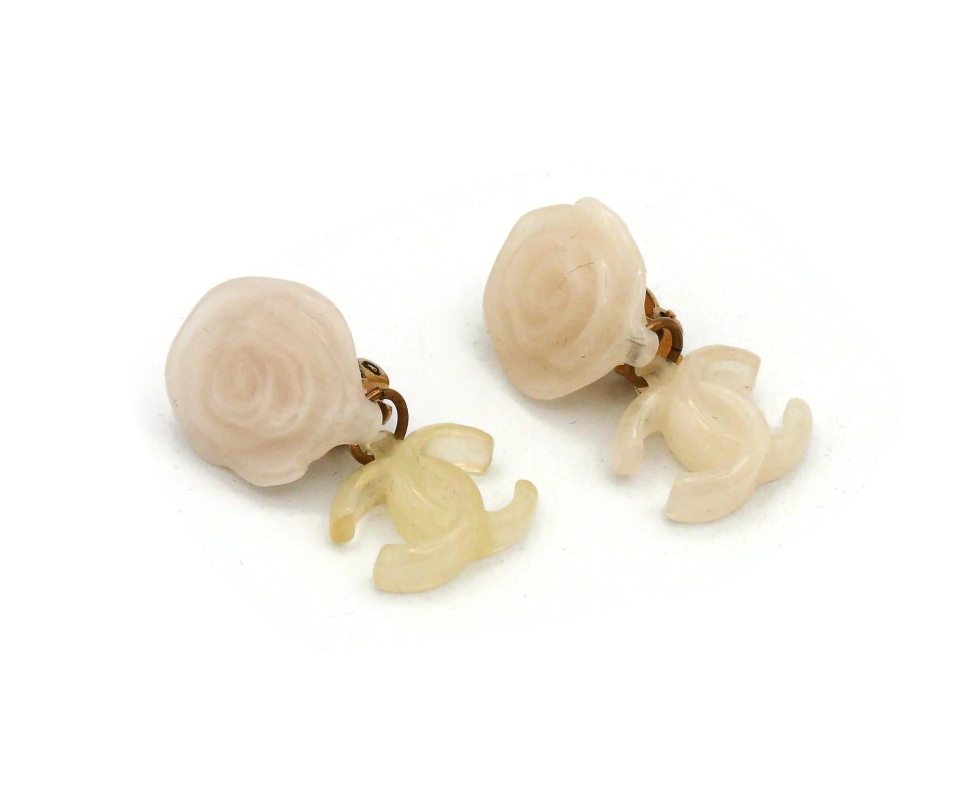 Women's CHANEL by KARL LAGERFELD White Resin Camellia CC Dangling Earrings, Spring 2002