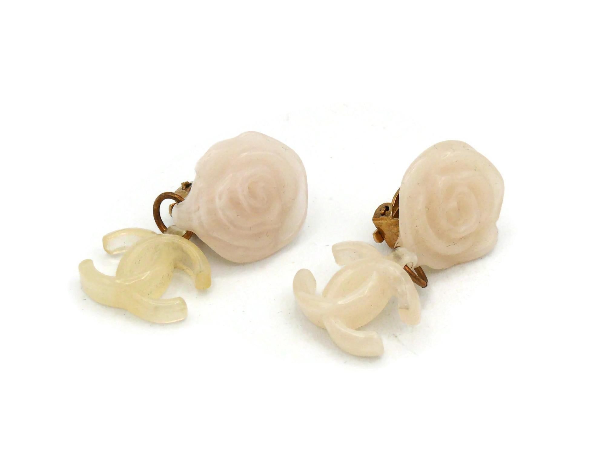 CHANEL by KARL LAGERFELD White Resin Camellia CC Dangling Earrings, Spring 2002 1