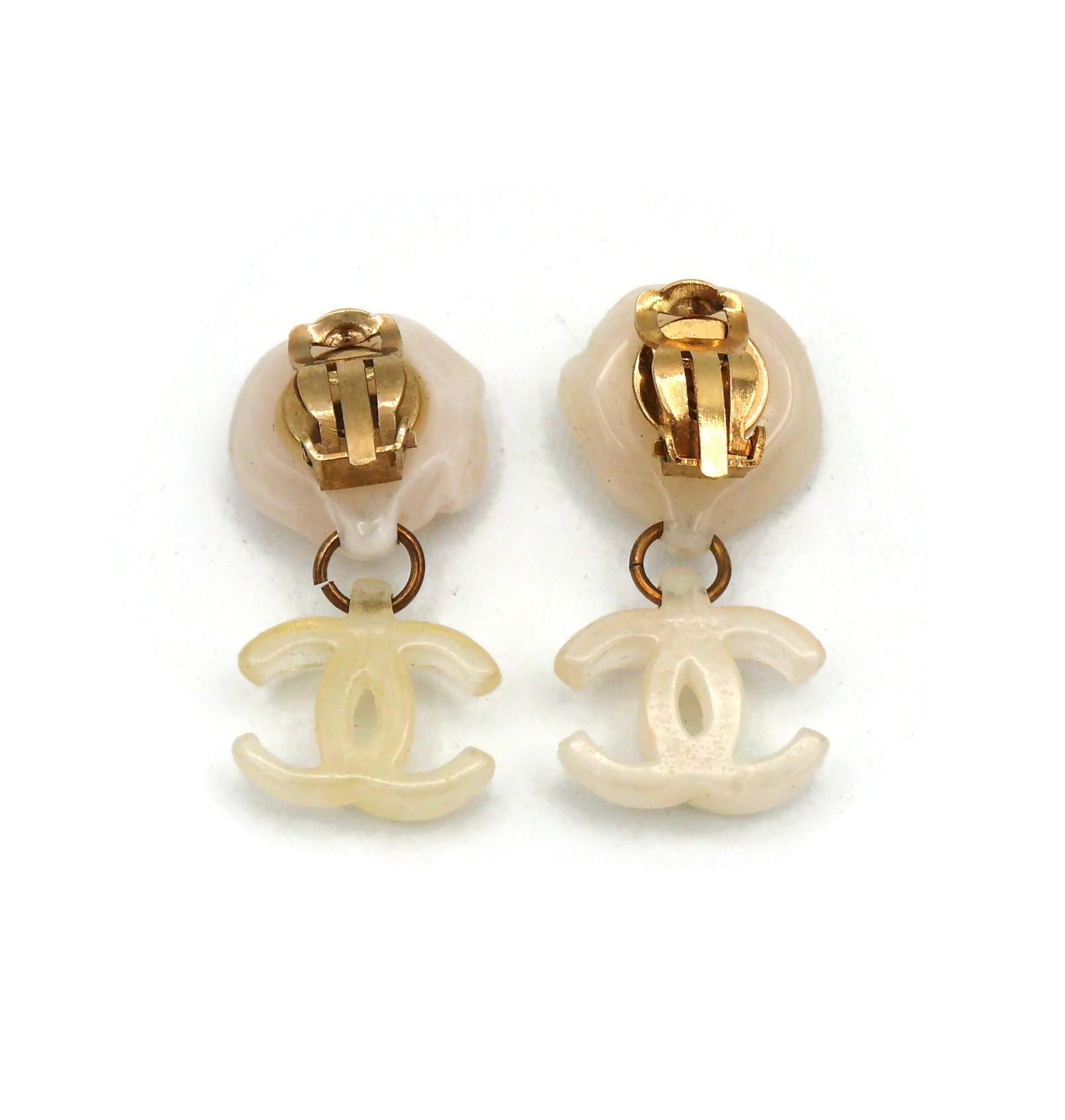 CHANEL by KARL LAGERFELD White Resin Camellia CC Dangling Earrings, Spring 2002 3
