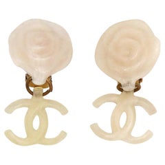 CHANEL by KARL LAGERFELD White Resin Camellia CC Dangling Earrings, Spring 2002