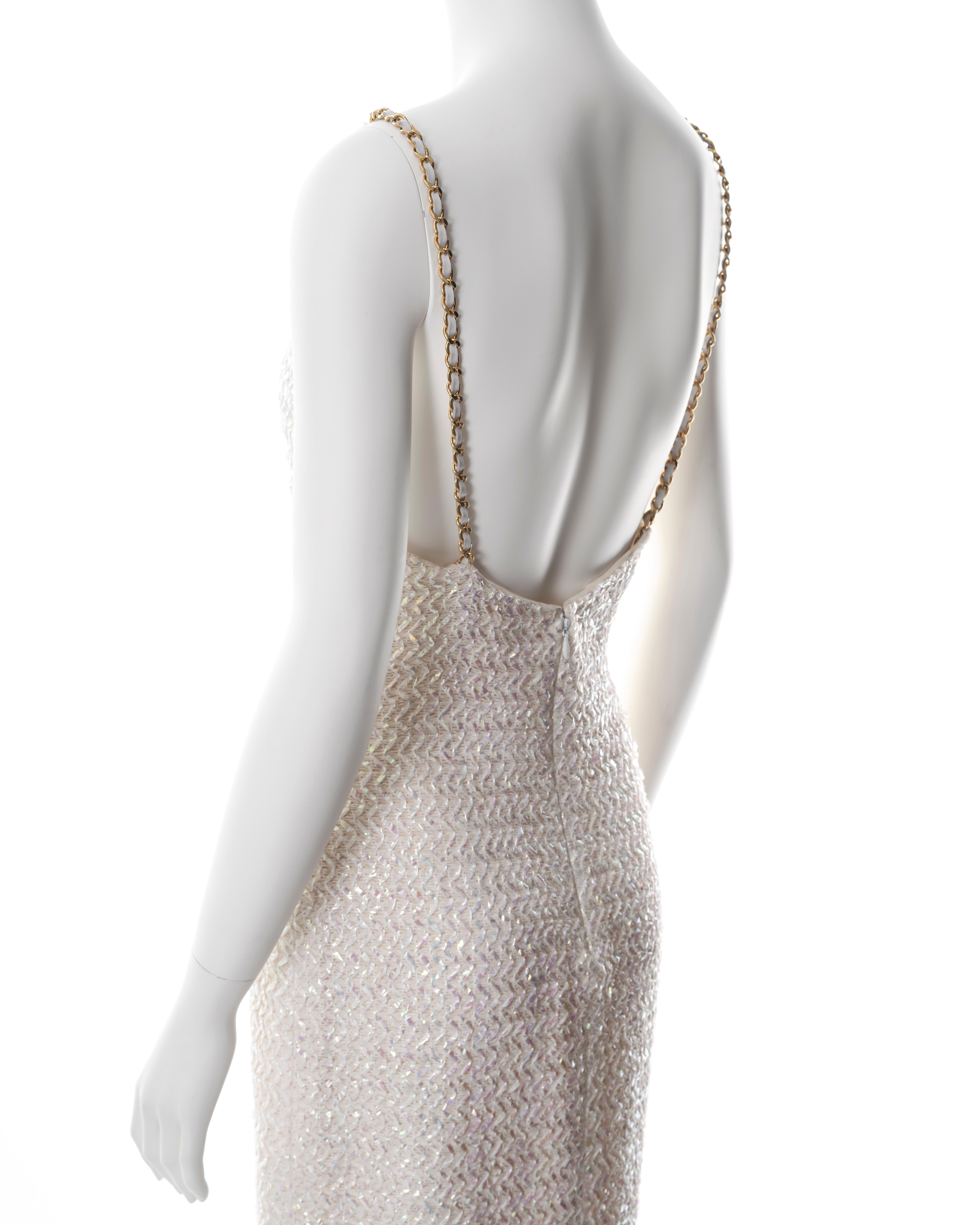 Chanel by Karl Lagerfeld white tweed sheath dress with chain straps, ss 1992 3