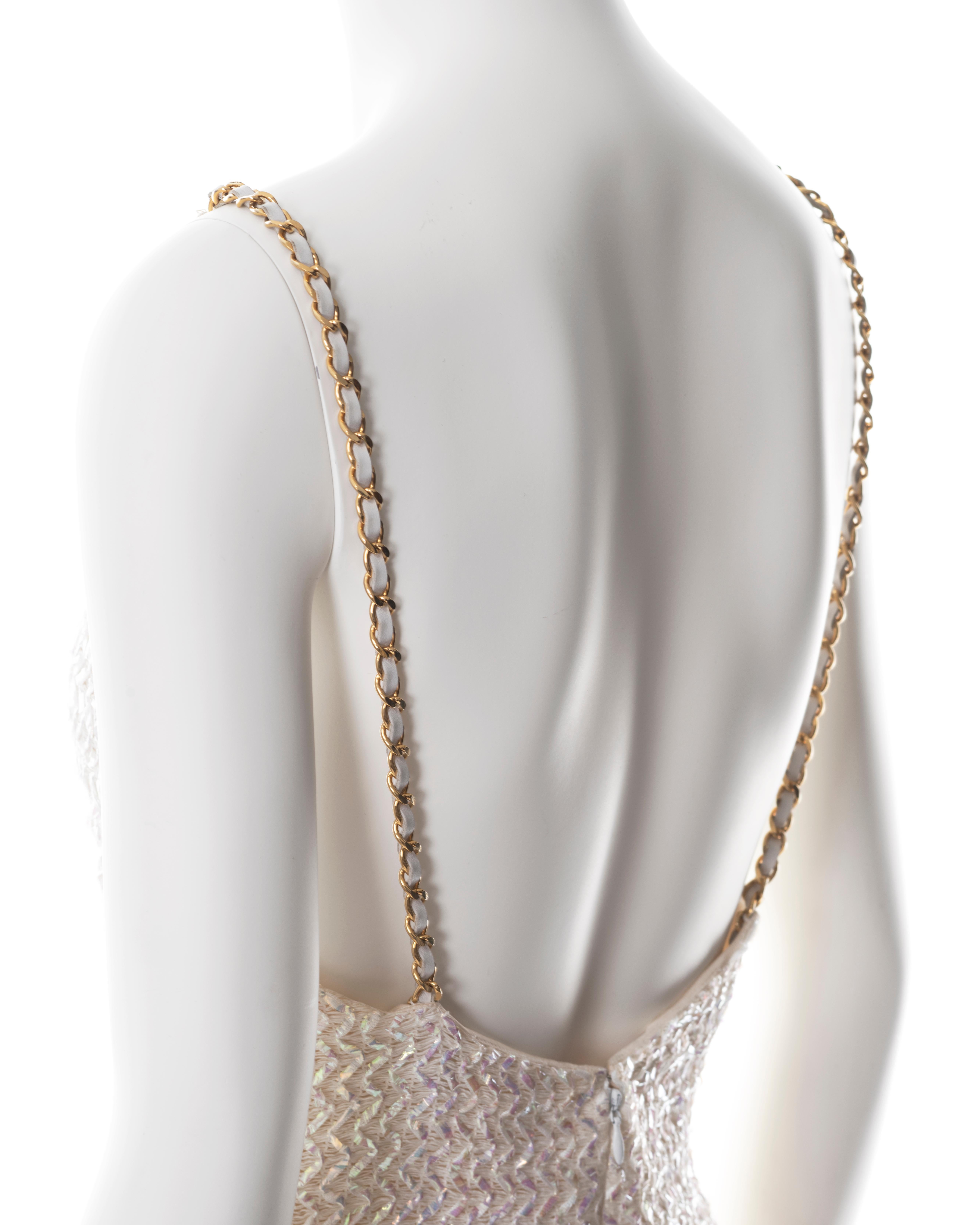 Chanel by Karl Lagerfeld white tweed sheath dress with chain straps, ss 1992 5