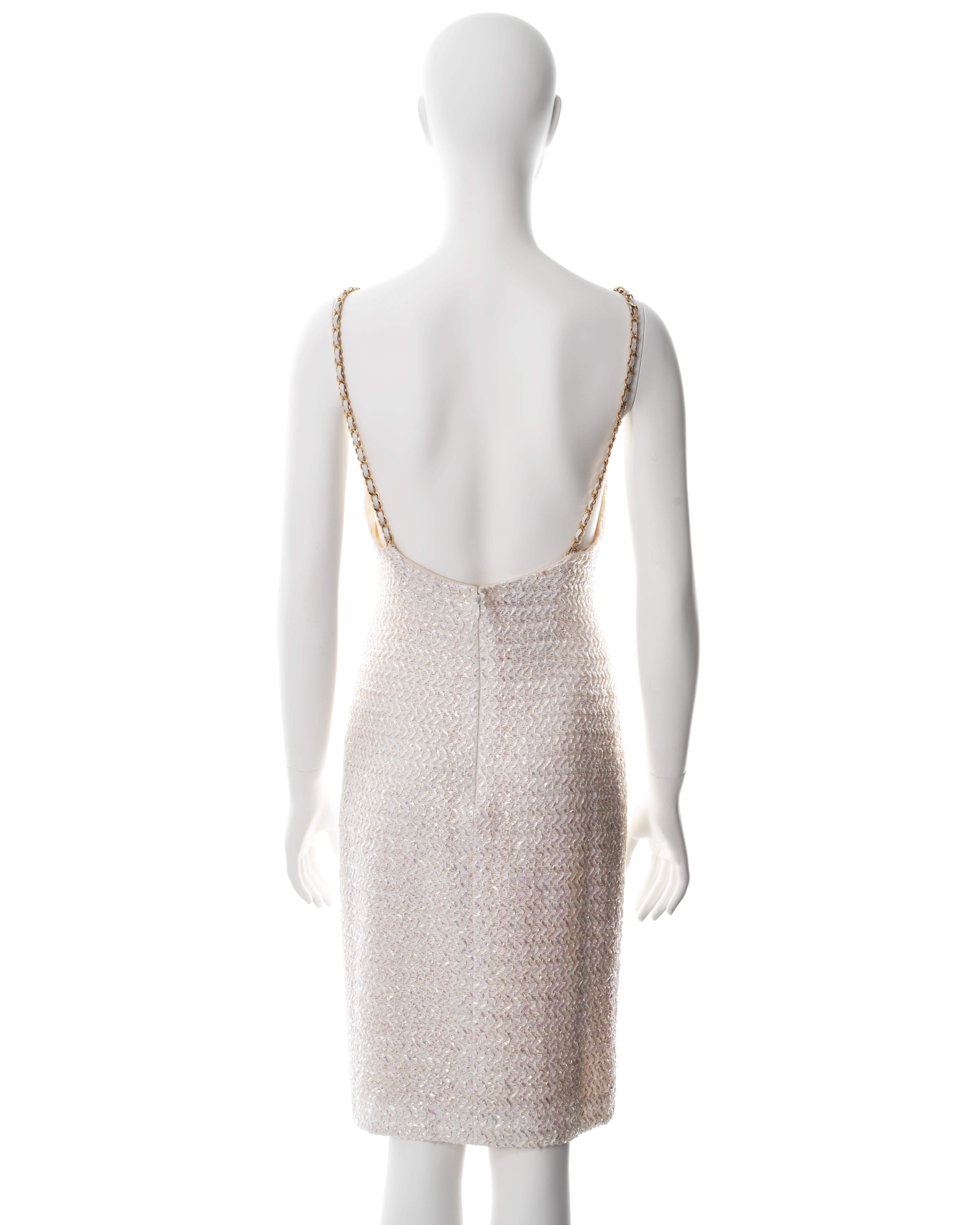 Chanel by Karl Lagerfeld white tweed sheath dress with chain straps, ss 1992 6