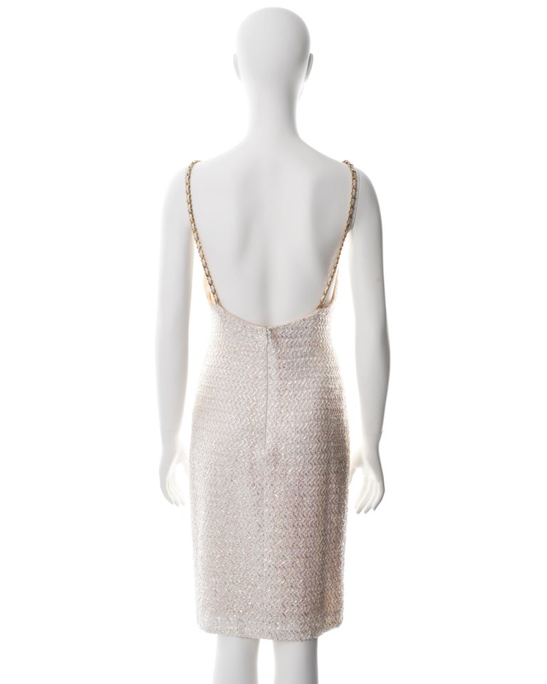 Chanel by Karl Lagerfeld white tweed sheath dress with chain straps, ss 1992  at 1stDibs