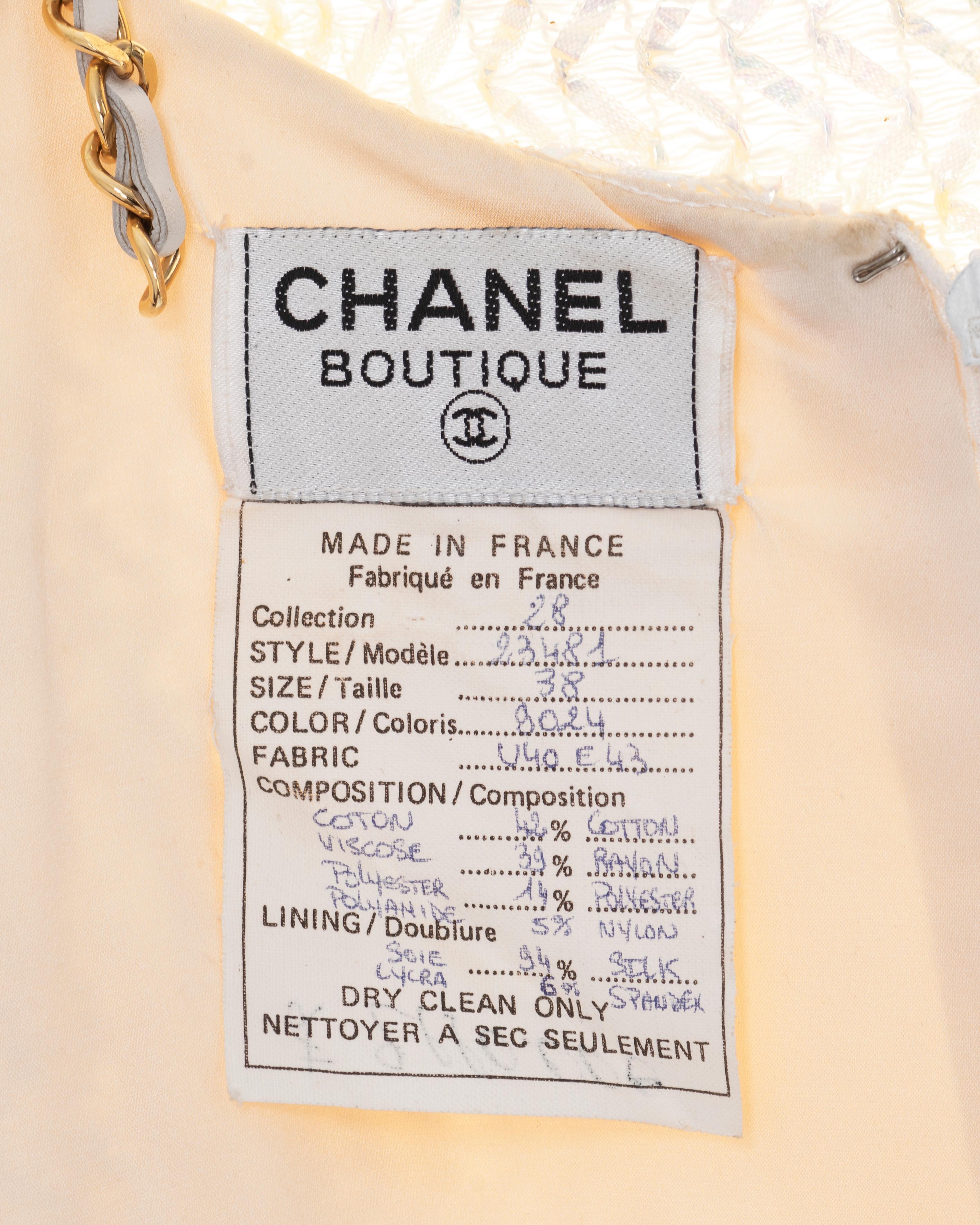 Chanel by Karl Lagerfeld white tweed sheath dress with chain straps, ss 1992 8