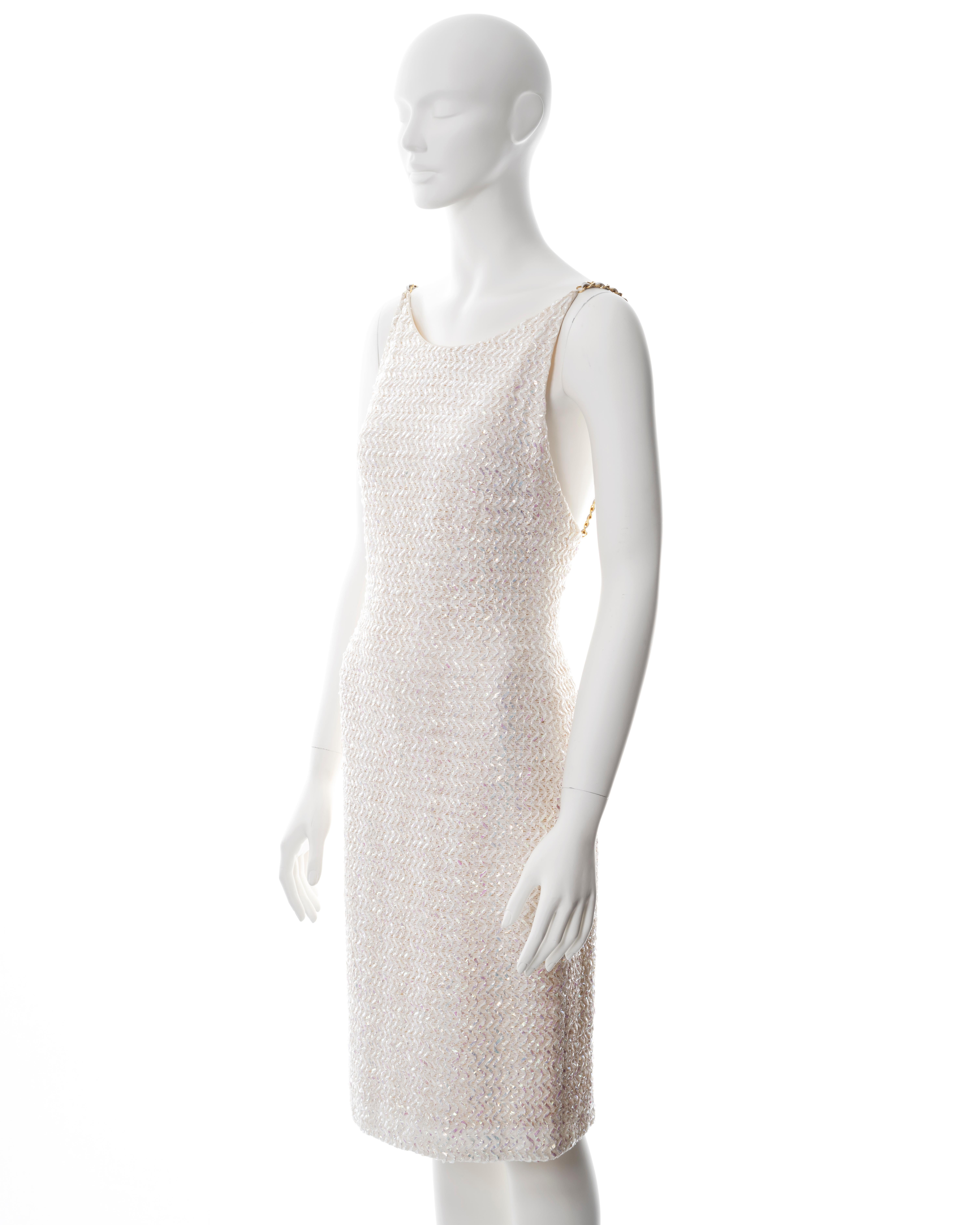Chanel by Karl Lagerfeld white tweed sheath dress with chain straps, ss 1992 In Excellent Condition In London, GB