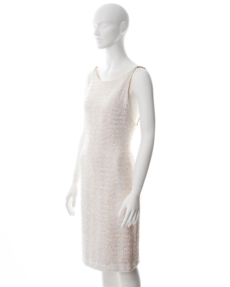 Chanel by Karl Lagerfeld white tweed sheath dress with chain straps, ss  1992 at 1stDibs | 1992 white tweed ball gown by chanel, chanel 1992 chain  dress, 1992 chanel chain dress