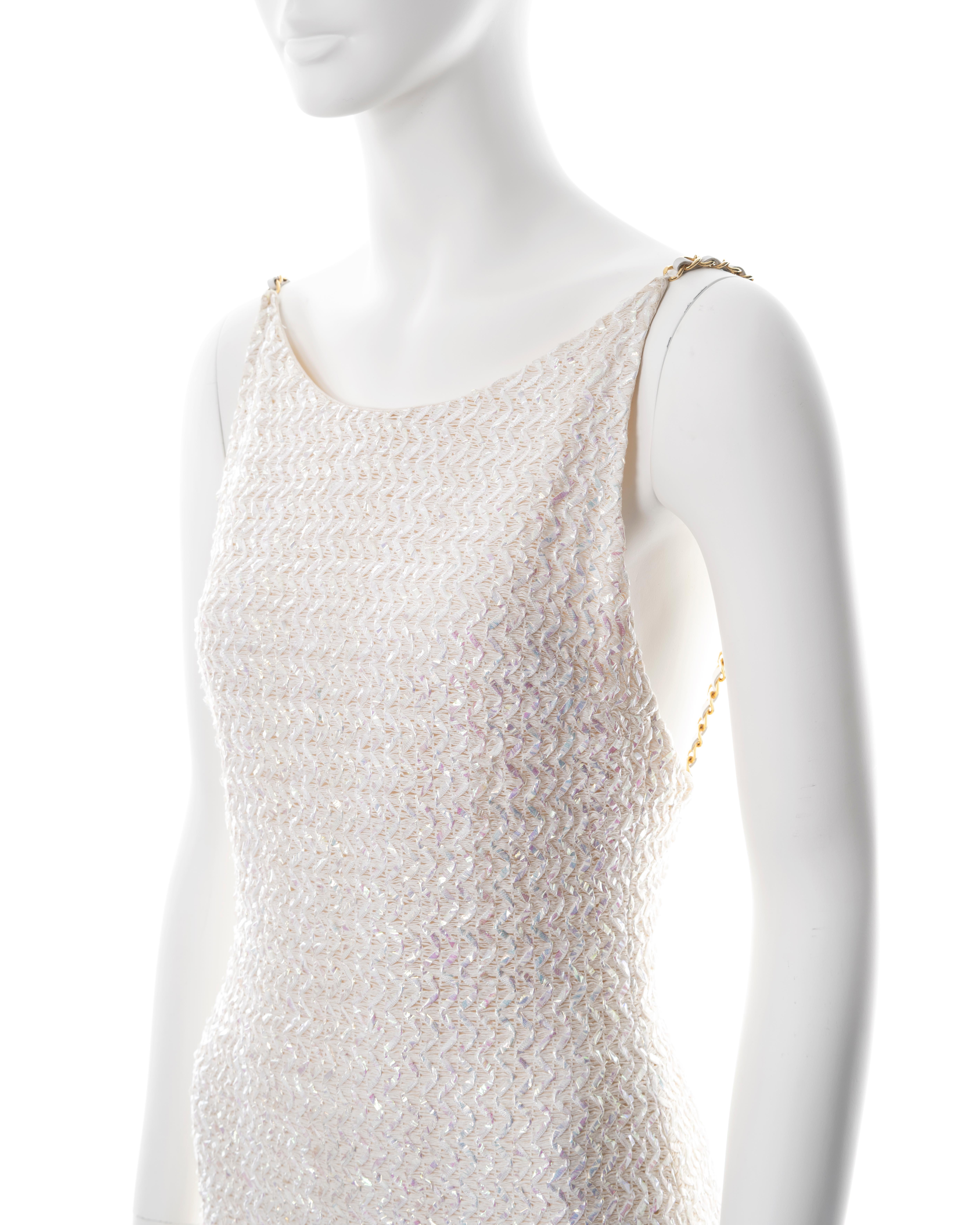 Women's Chanel by Karl Lagerfeld white tweed sheath dress with chain straps, ss 1992