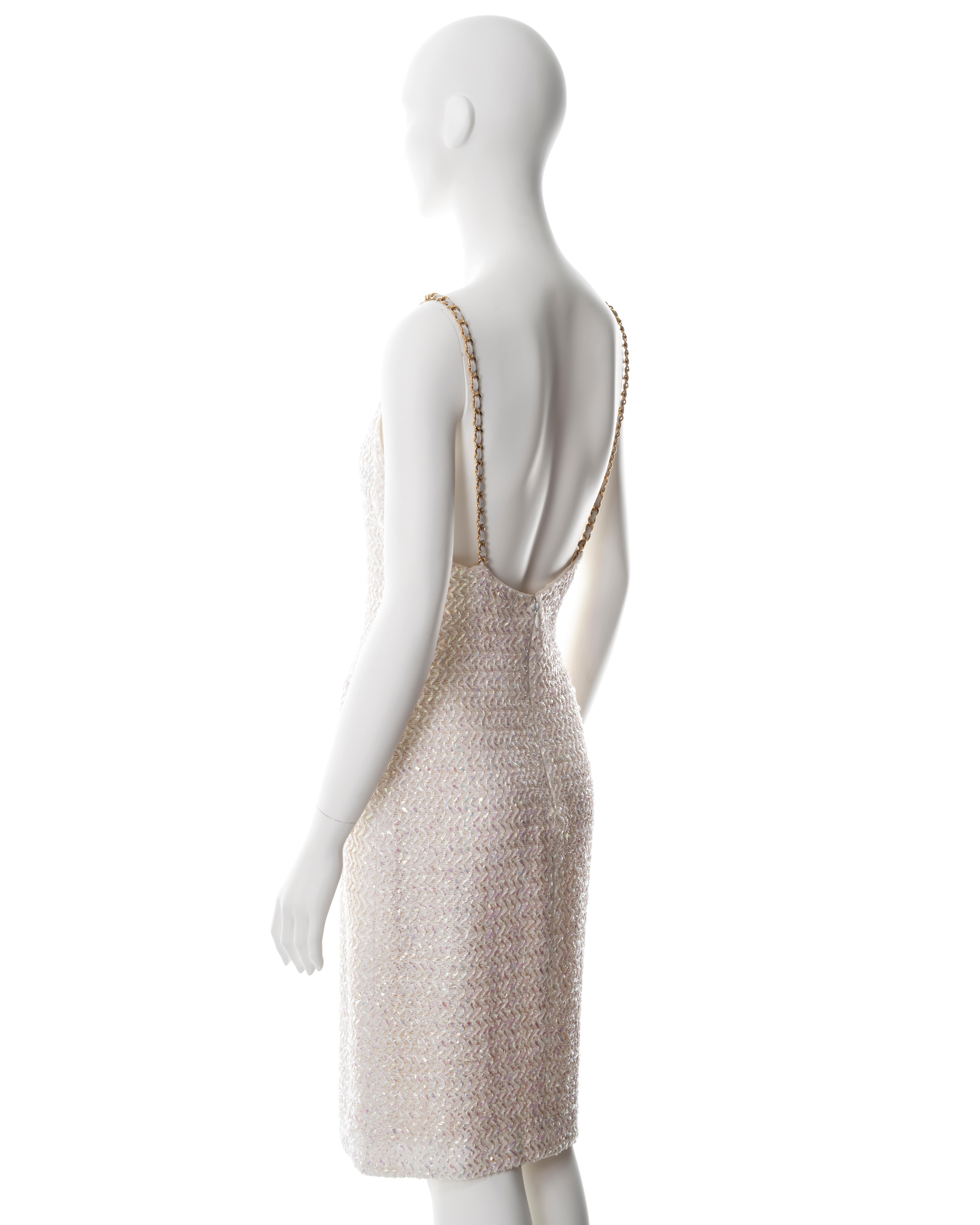 Chanel by Karl Lagerfeld white tweed sheath dress with chain straps, ss 1992 1
