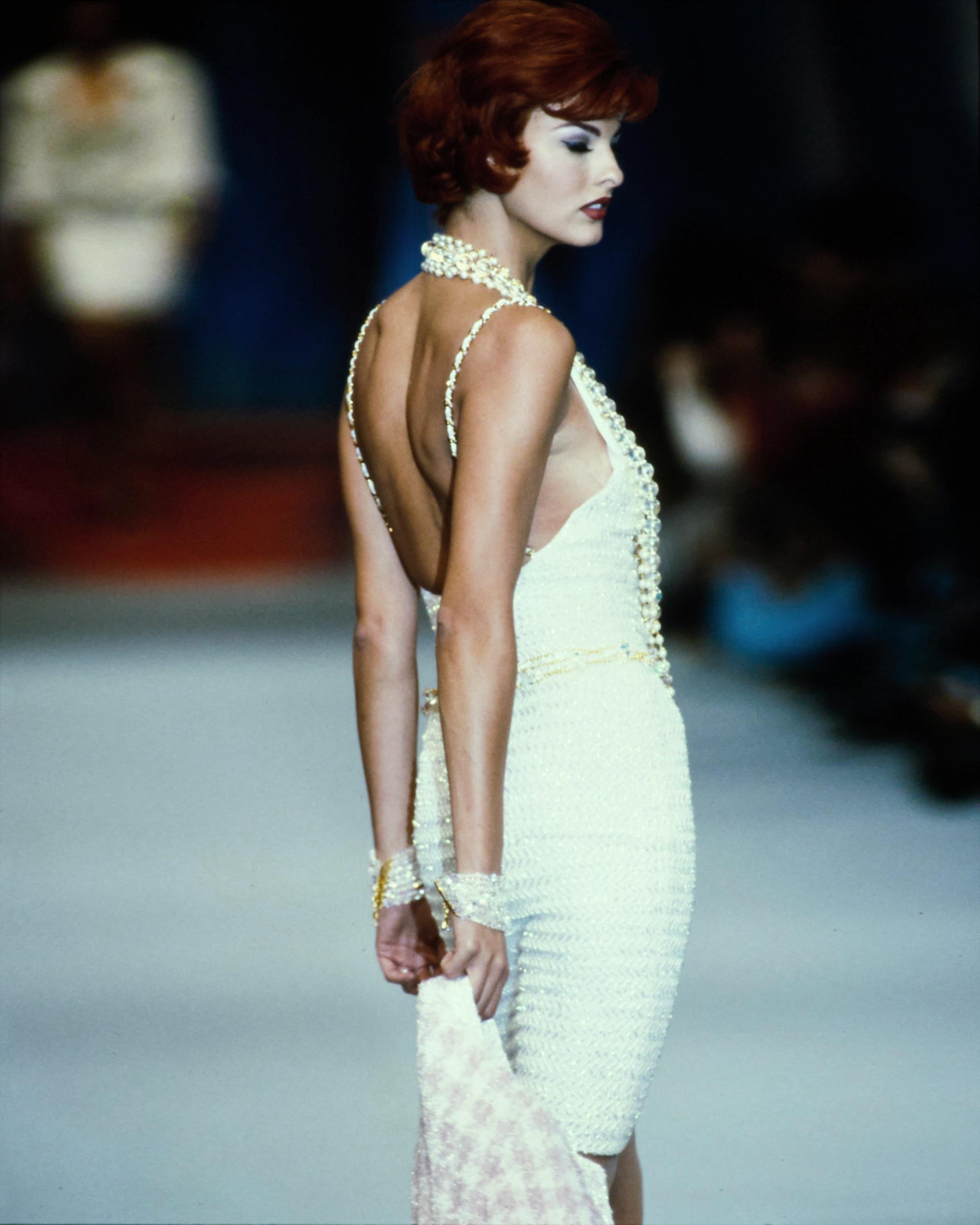 Chanel by Karl Lagerfeld white tweed sheath dress with chain straps, ss 1992 2
