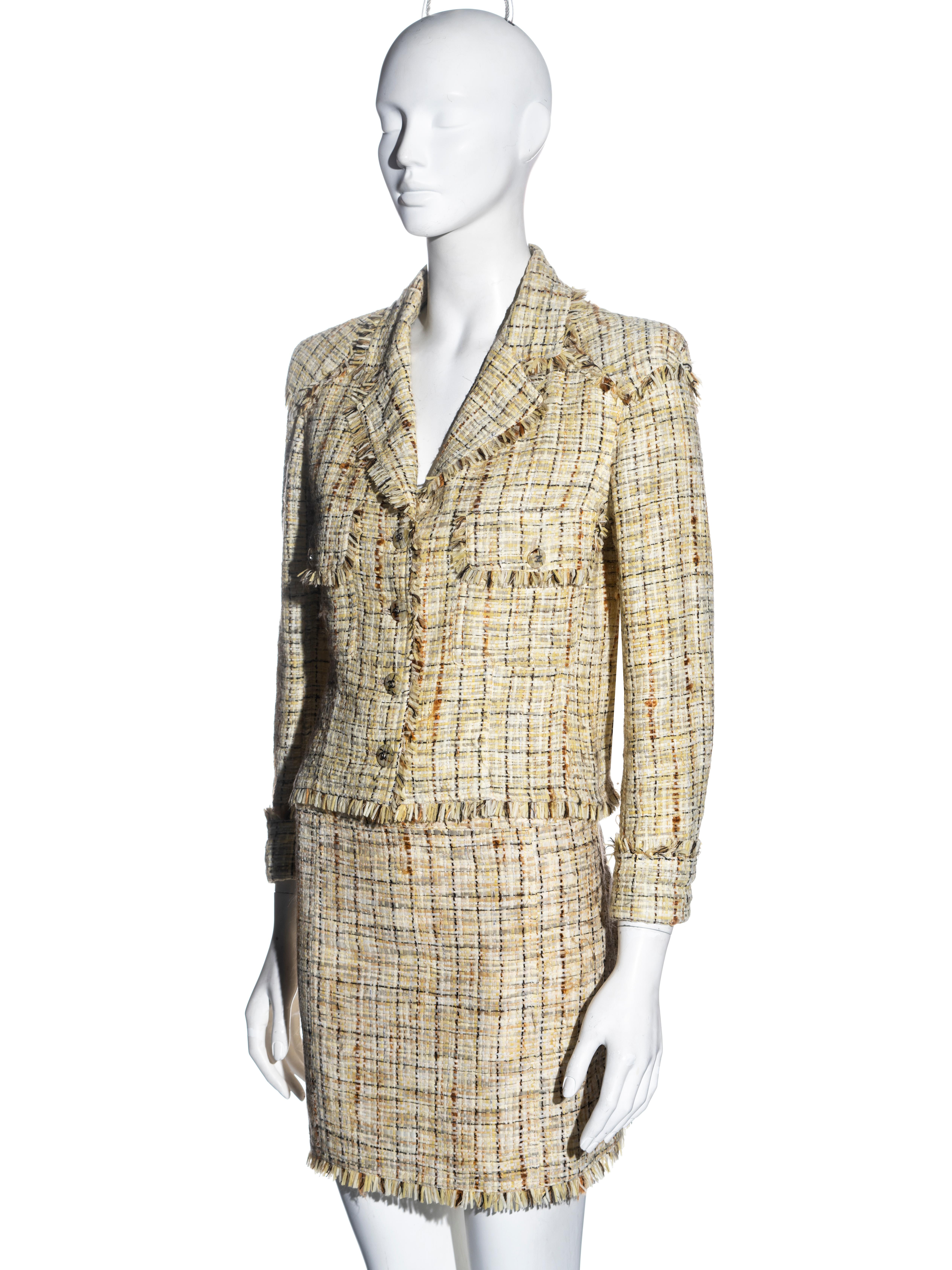 Beige Chanel by Karl Lagerfeld yellow tweed jacket and skirt suit, ss 1998 For Sale