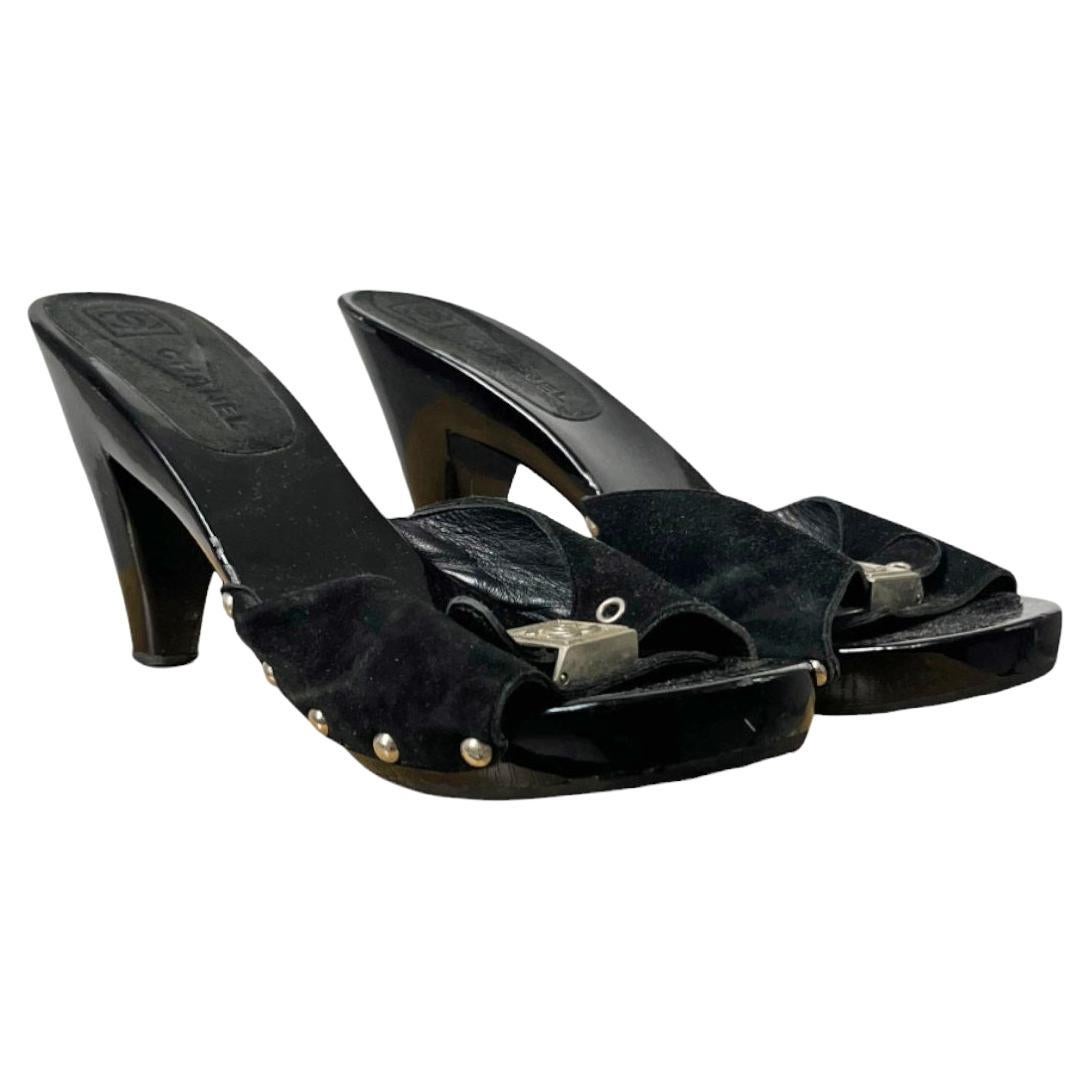 Chanel  by Karl Lagerfield 2000's Leather Metal "CC" Logo Clogs