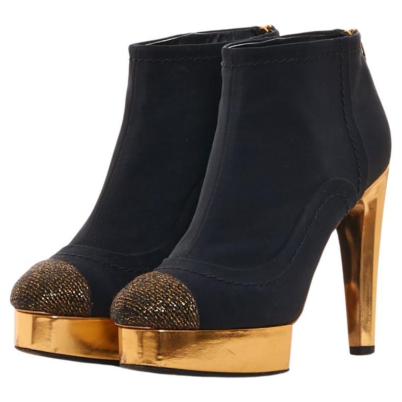Chanel by Karl Lagerfield Black and gold ankle platform heeled boots For Sale