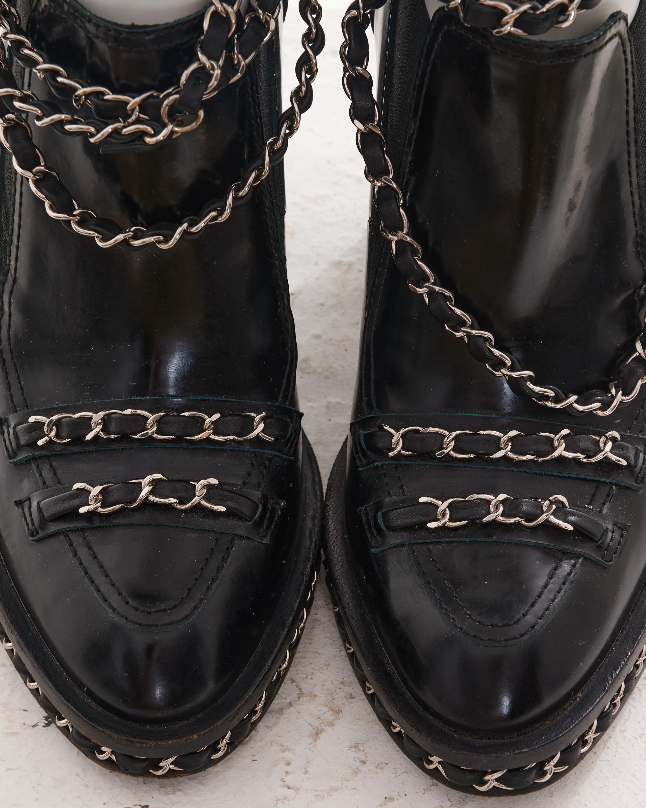 Chanel by Karl Lagerfield F/W2013 Black Leather Chain Obsession Block Heel Boots For Sale 7