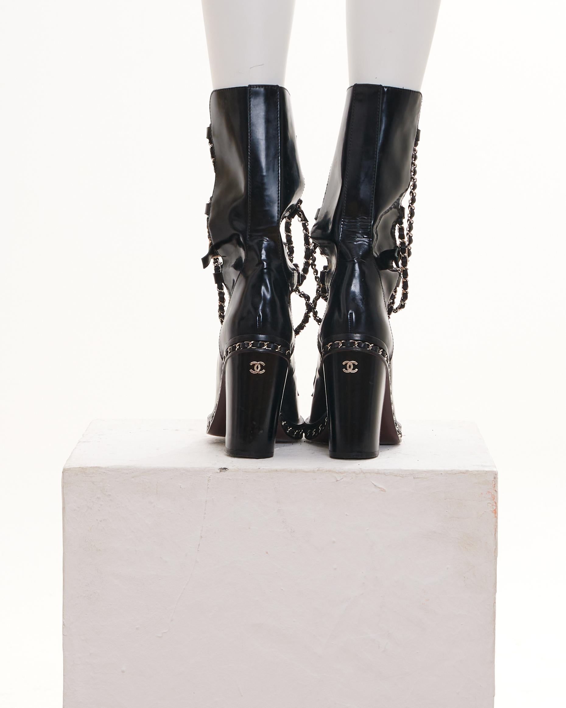 Chanel by Karl Lagerfield F/W2013 Black Leather Chain Obsession Block Heel Boots For Sale 1