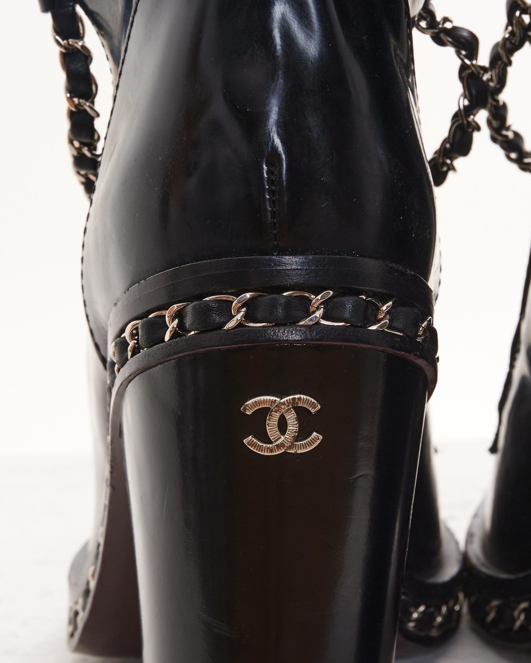 Chanel by Karl Lagerfield F/W2013 Black Leather Chain Obsession Block Heel Boots For Sale 4