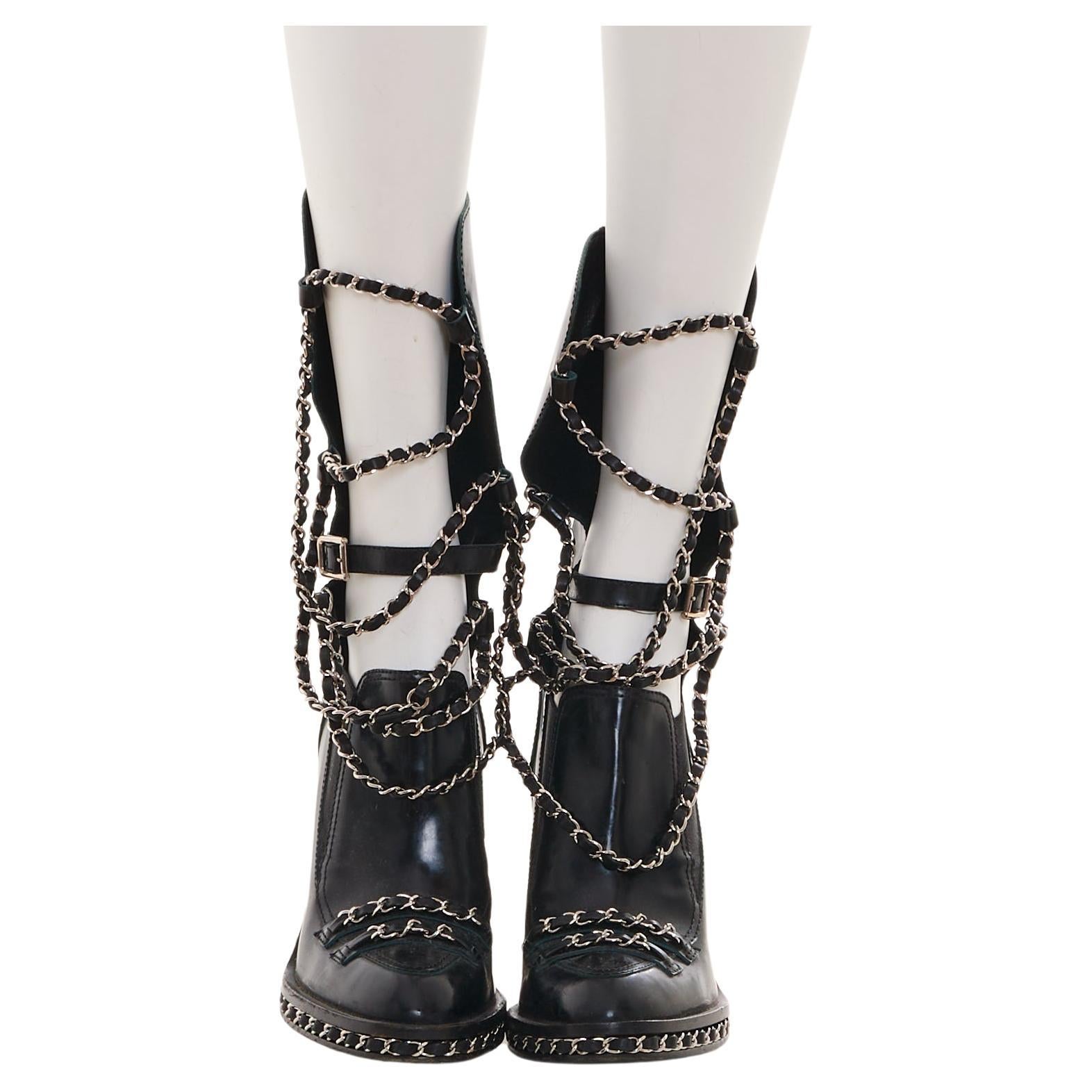 Chanel by Karl Lagerfield F/W2013 Black Leather Chain Obsession Block Heel Boots For Sale