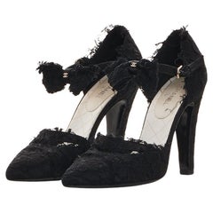 Chanel by Karl Lagerfield Lace Ankle Strap Bow Black Satin Pumps