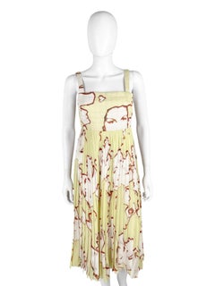 Chanel by Karl Lagerfield S/S 2000 Yellow Silk Pleated Midi Dress Faces Print