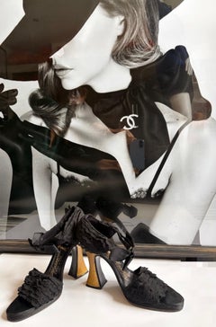 CHANEL By MASSARO Haute Couture Black Lace Ruffles Bow Heels Sandals 1990