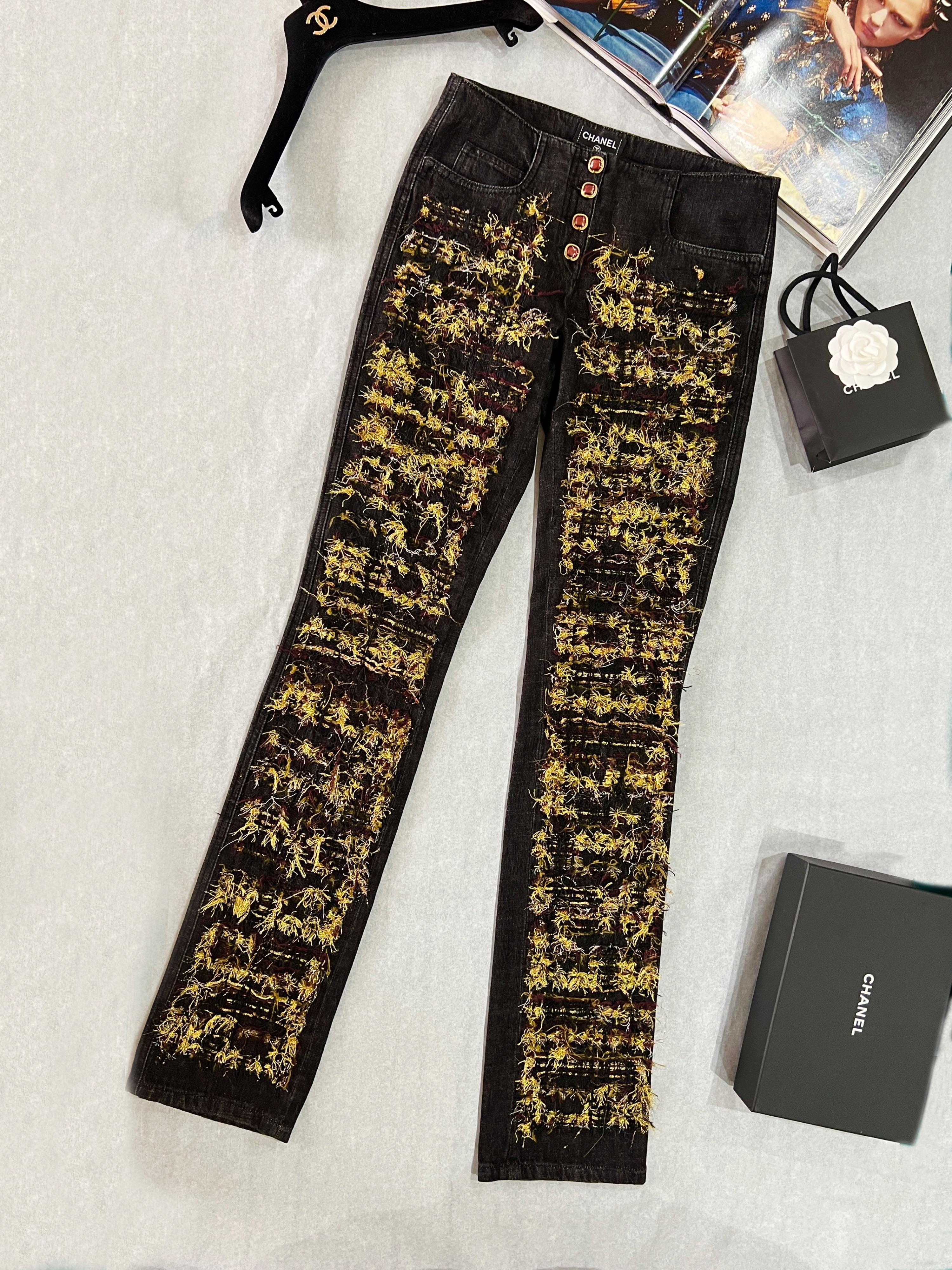 Women's or Men's Chanel Byzance Collection Gold Tweed Detail Black Jeans