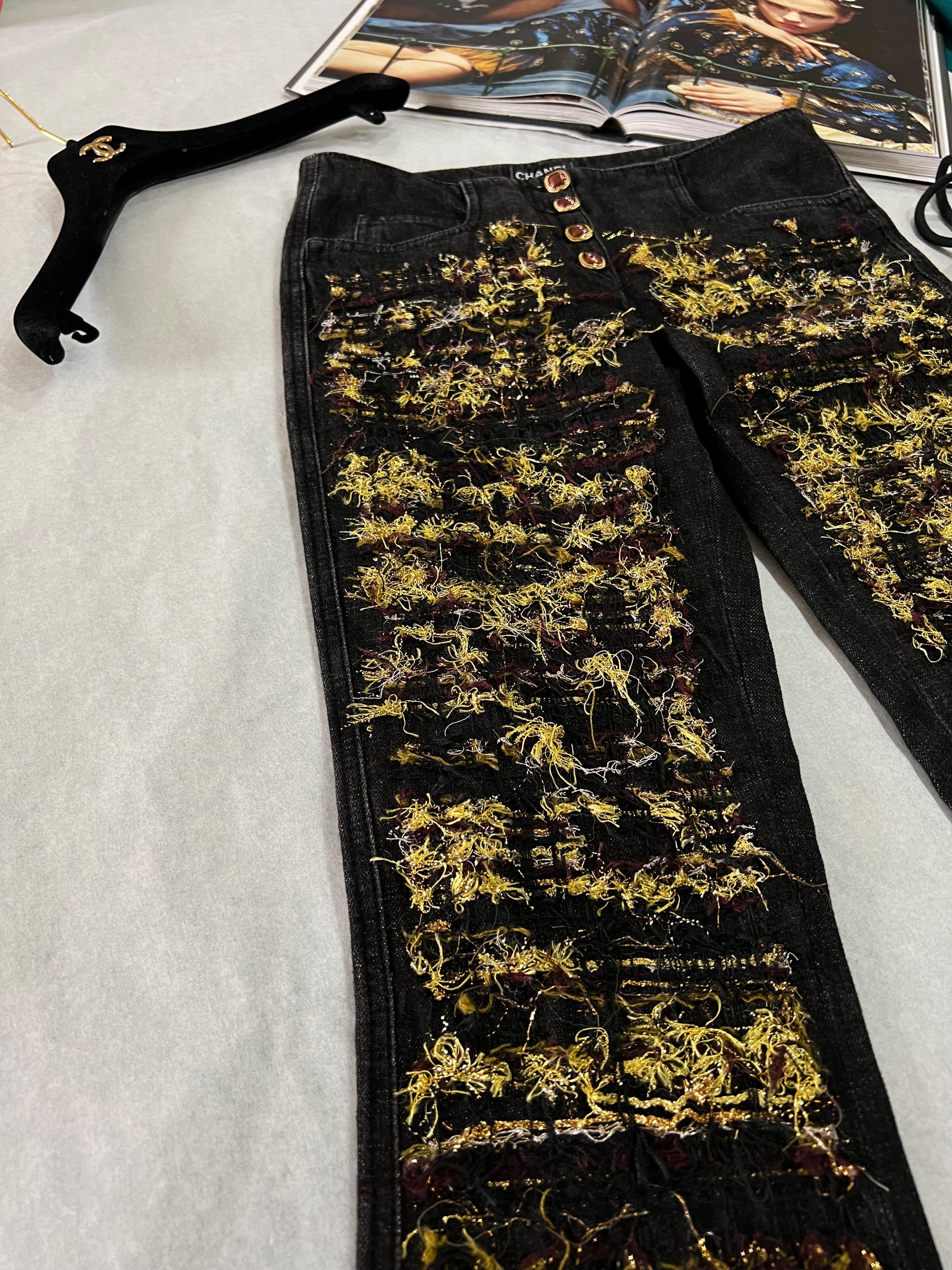 Chanel Byzance Collection Gold Tweed Detail Black Jeans 1