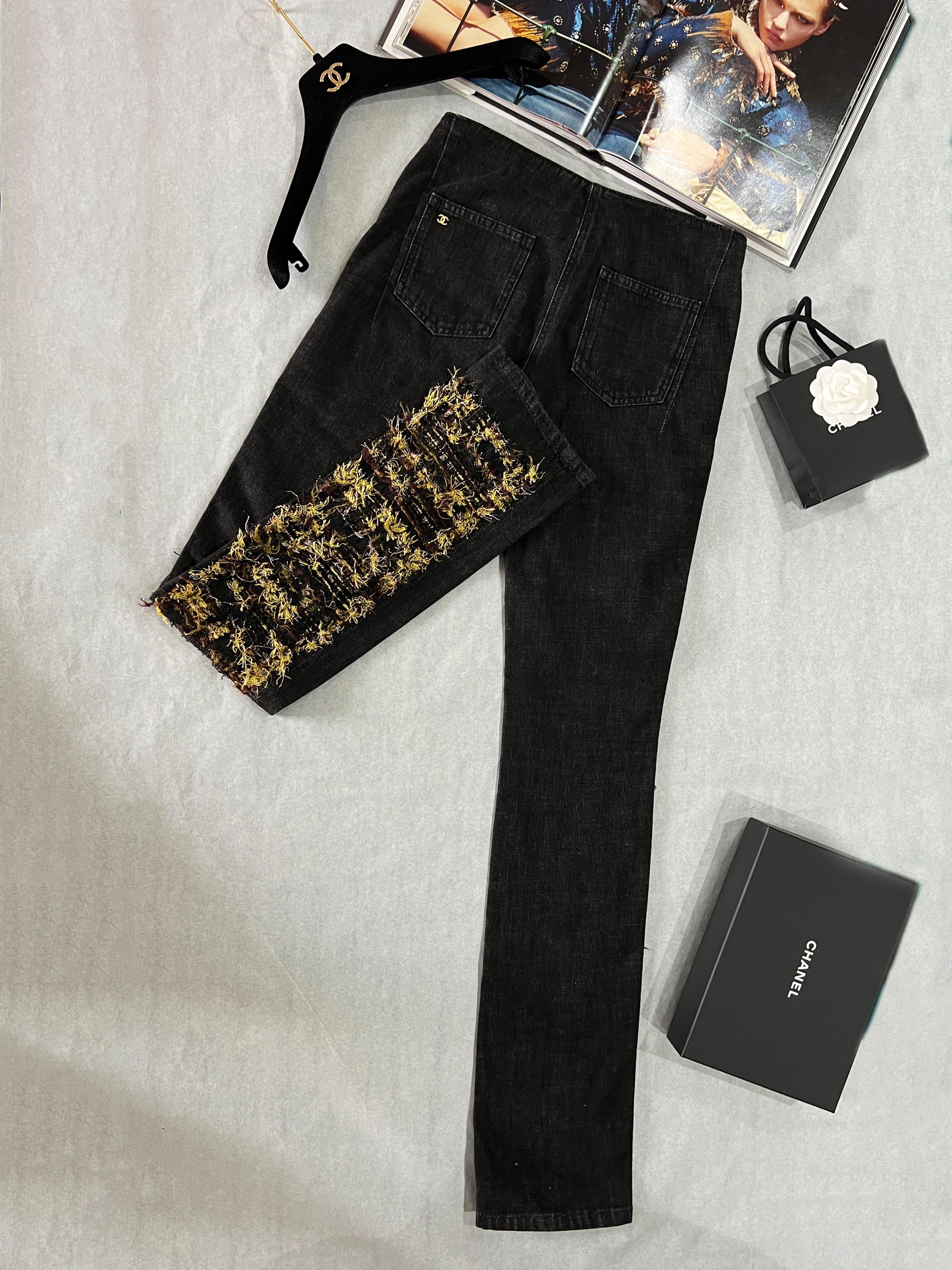 Chanel Byzance Collection Gold Tweed Detail Black Jeans 3