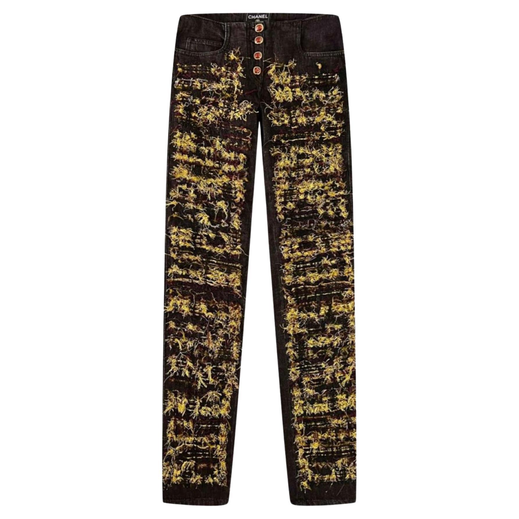 Chanel Byzance Collection Gold Tweed Detail Black Jeans