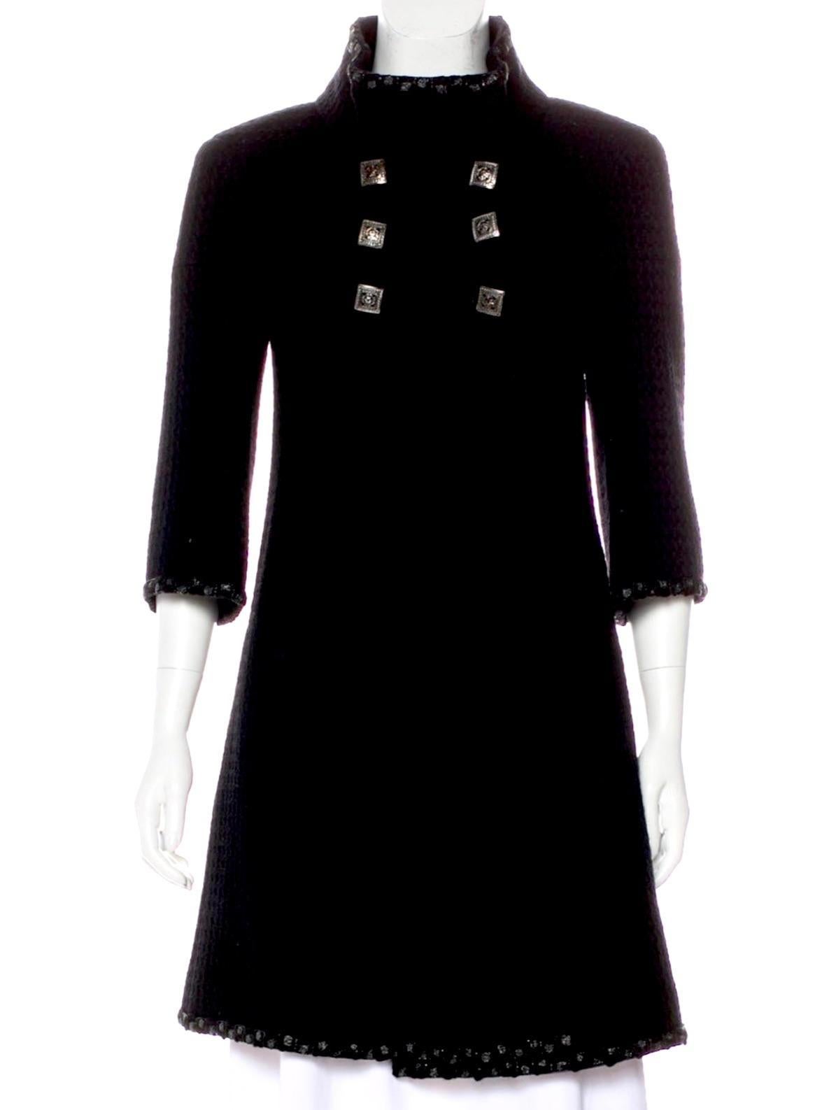 Stunning Chanel black tweed coat from fabulous Paris / BYZANCE Collection by Mr Karl Lagerfeld. 
As seen on Cameron Diaz!
- CC logo jewel Gripoix buttons
- full silk lining
- hand-embroidered woven trim
Size mark 44 FR. Kept unworn, condition is