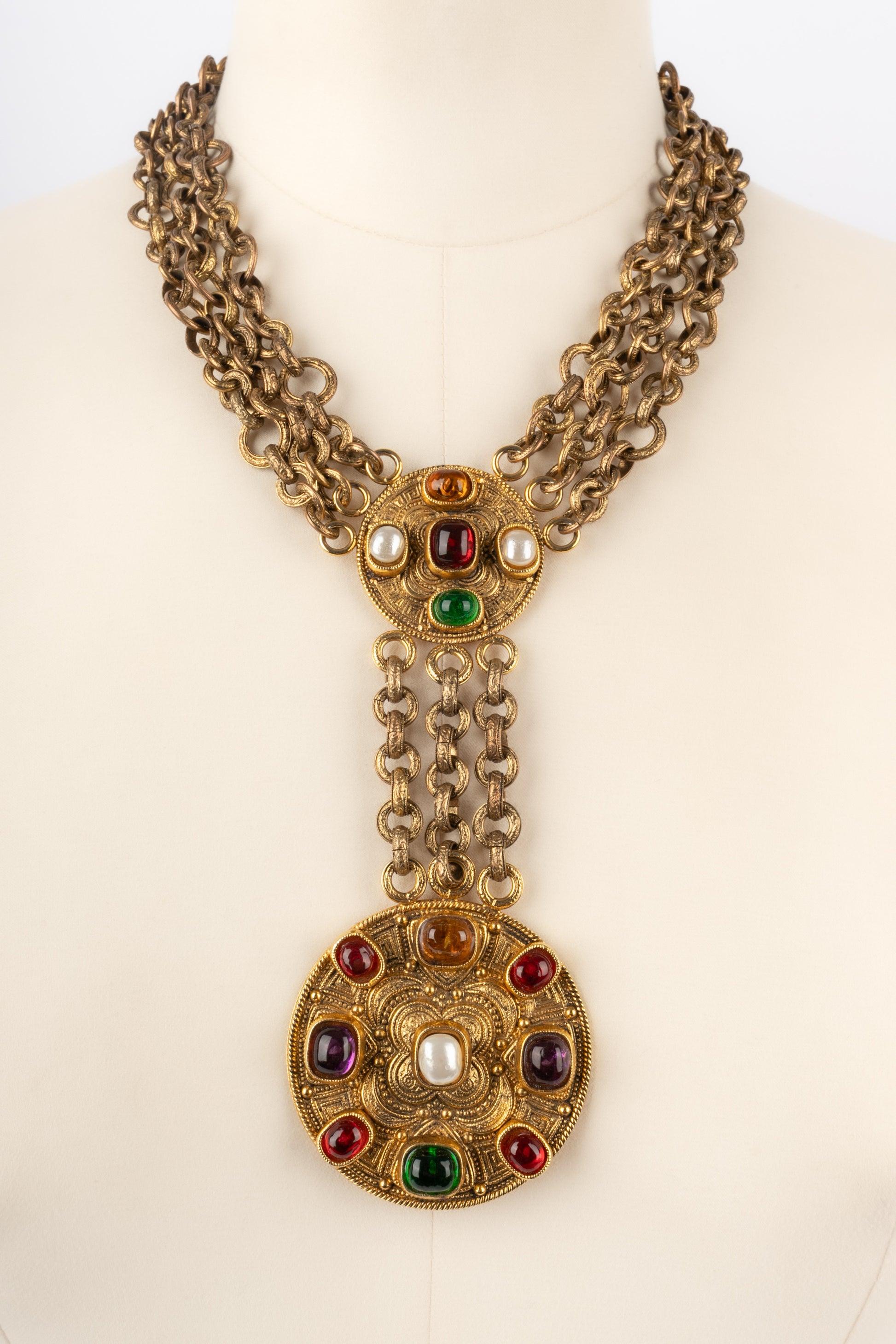 Women's Chanel Byzantine Golden Metal Necklace with Glass Paste, 1984 For Sale