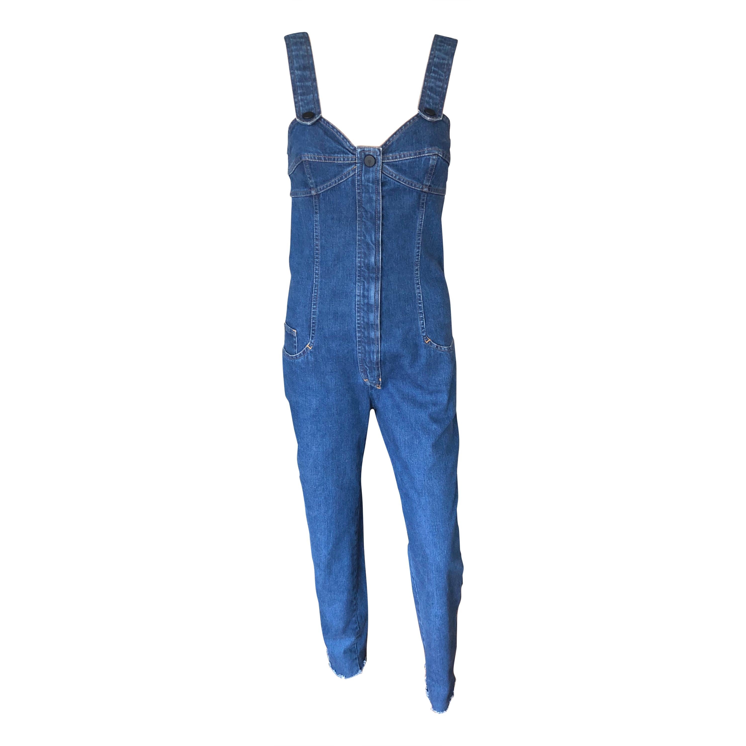 Chanel c. 1990 Vintage Blue Denim Overalls Romper Jumpsuit