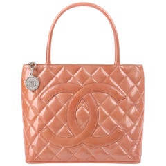 CHANEL c. 2000’s Pink Salmon Patent Leather Quilted Medallion Tote Handbag