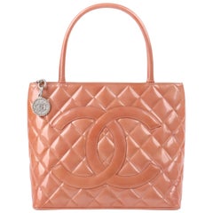 CHANEL c. 2000’s Pink Salmon Patent Leather Quilted Medallion Tote Handbag  