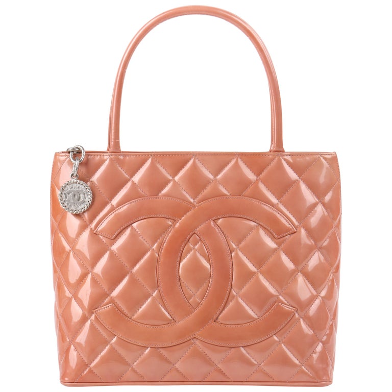 CHANEL c. 2000's Pink Salmon Patent Leather Quilted Medallion Tote