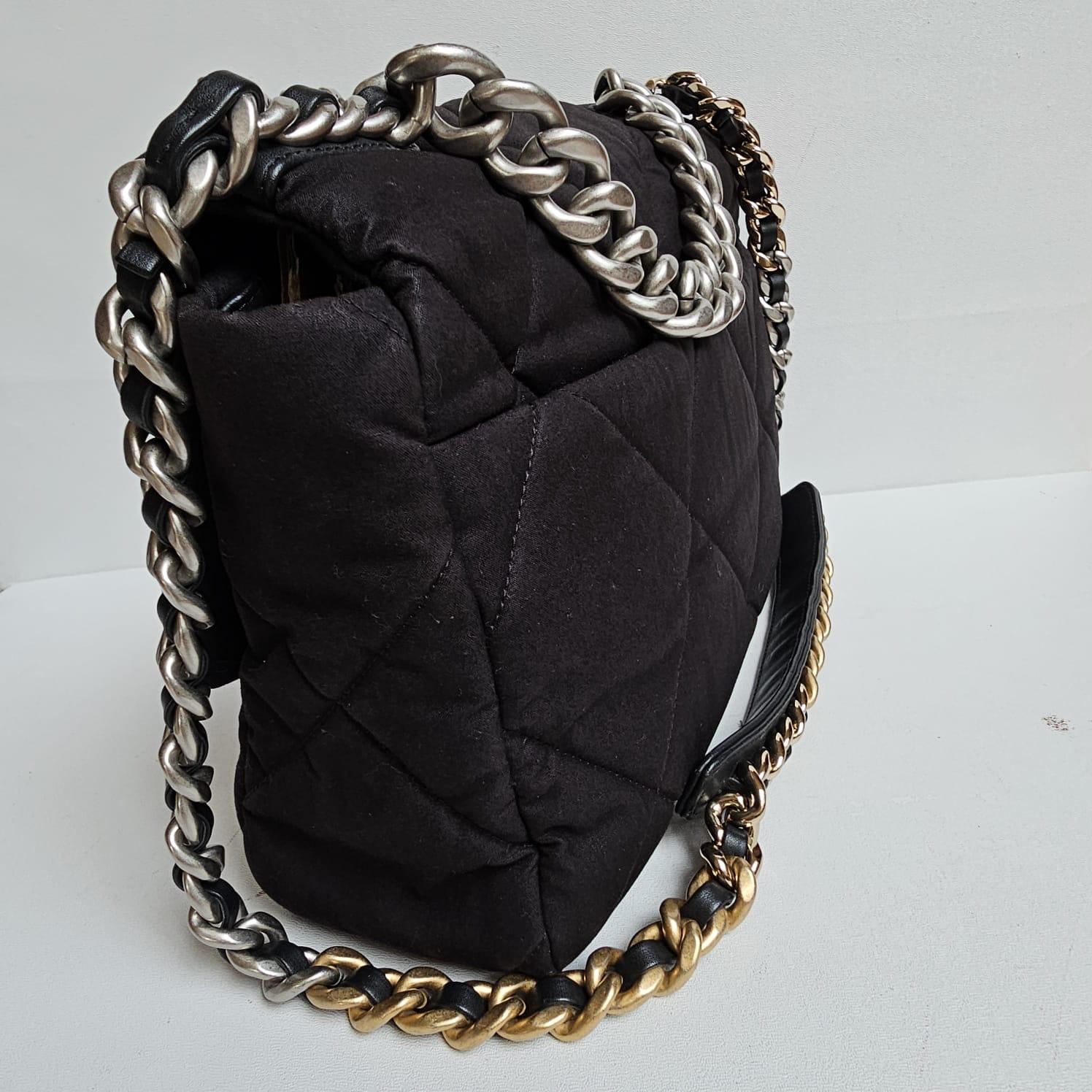 Chanel C19 Large Black Canvas Quilted Flap Bag For Sale 11